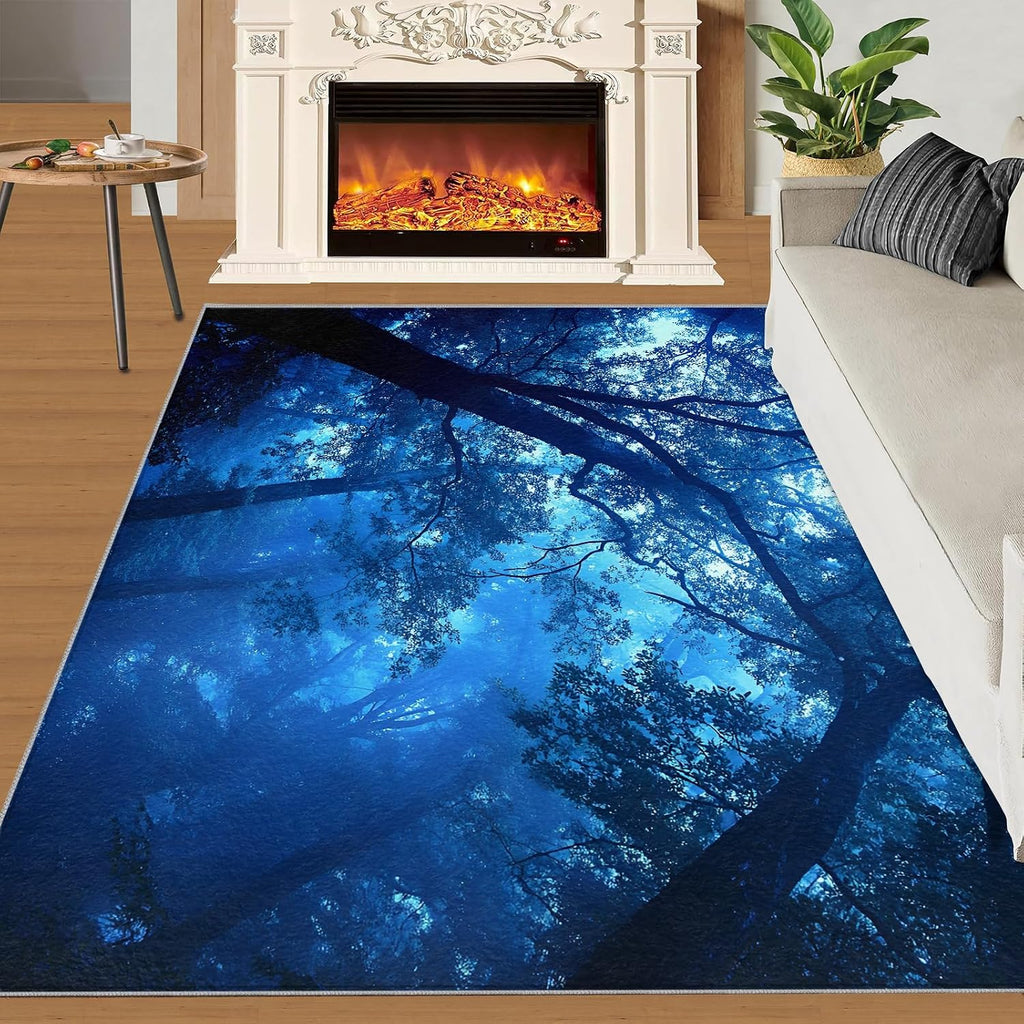 Misty Forest Area Rug Large - 6x8 Rug, Blue Forest Rugs for Living Room, Woodland Area Rugs for Bedroom, Natural Scenery Washable Carpet, Landscape Home Decor & Gifts