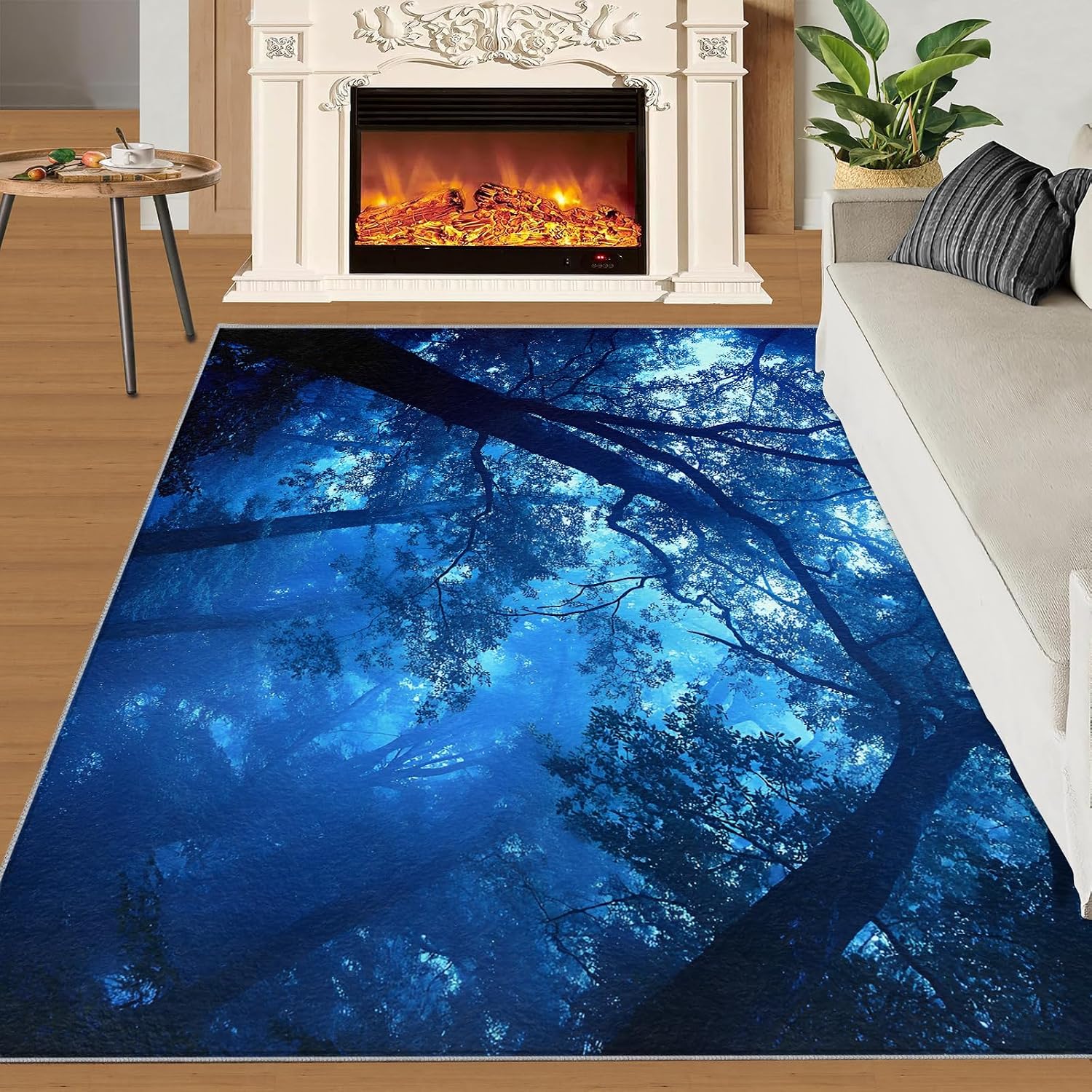 Misty Forest Area Rug Large - 6x8 Rug, Blue Forest Rugs for Living Room, Woodland Area Rugs for Bedroom, Natural Scenery Washable Carpet, Landscape Home Decor & Gifts