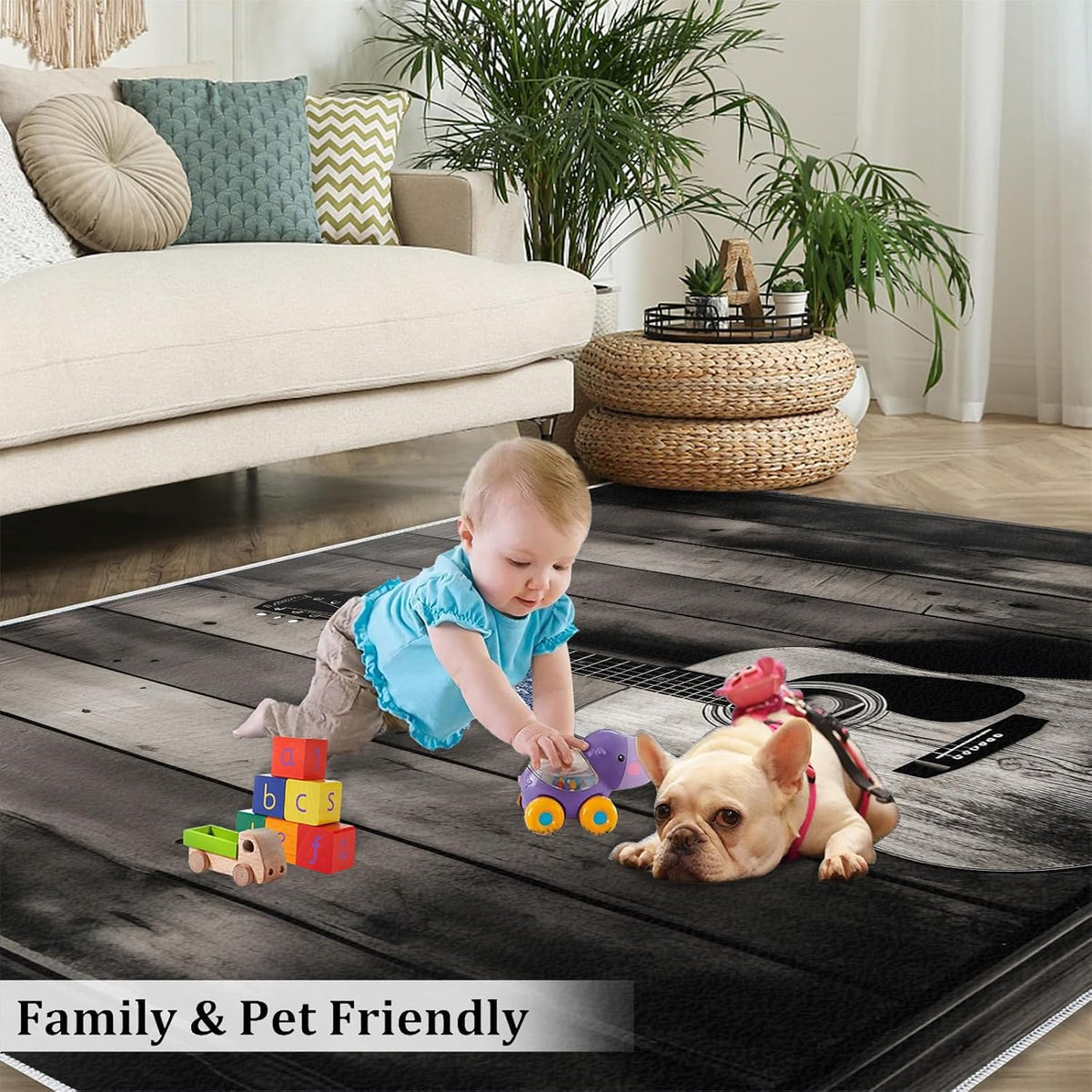 Gray Guitar Area Rug 6x8ft Music Lover Kids Rugs, Vintage Wooden Board Rug for Bedside, Indoor Non Slip Carpet for Music Room Bedroom Classroom Recording Studio