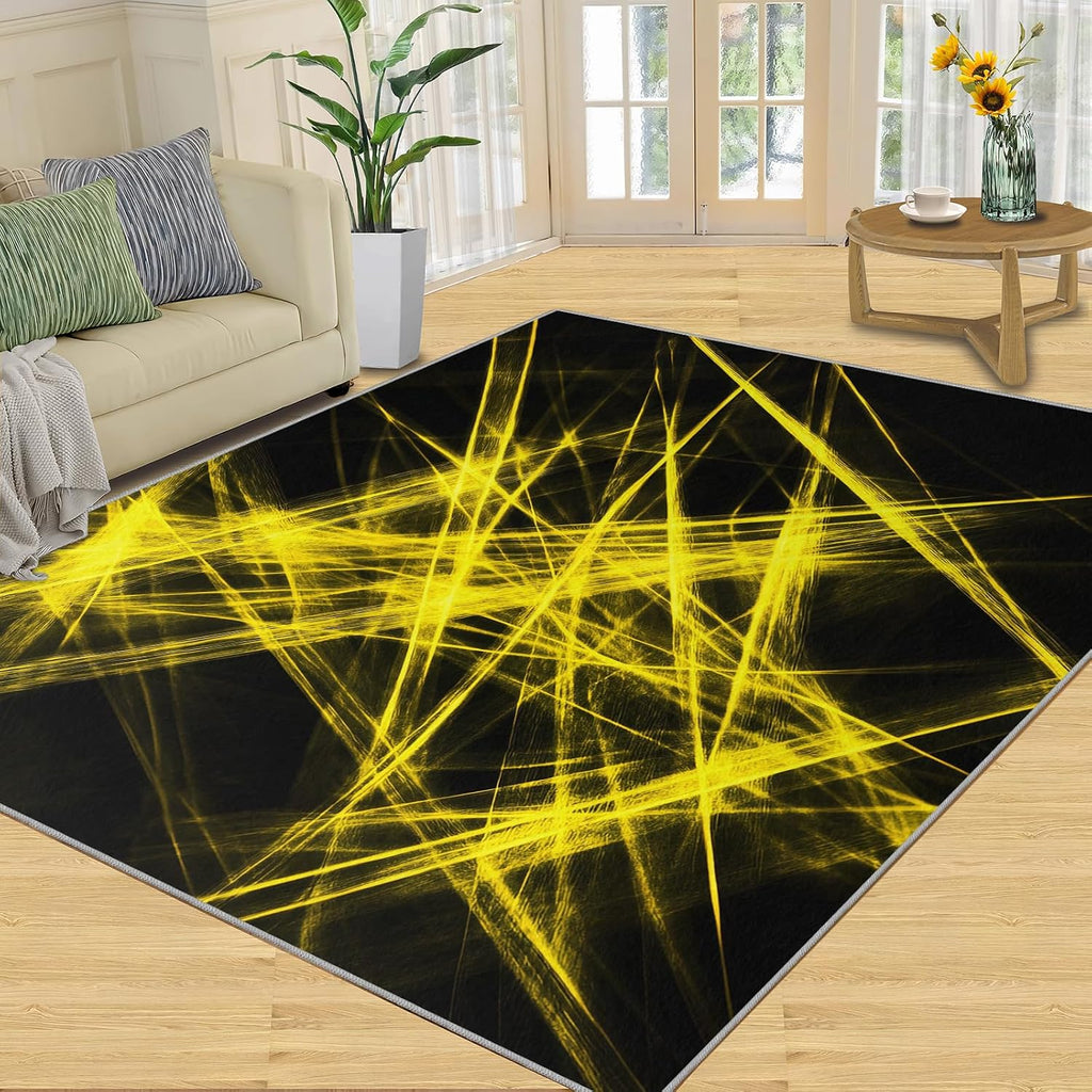 Modern Fashion Rug 6x8-6x8 Rug, Black Yellow Lines Area Rugs for Bedroom, Abstract Rugs for Living Room, Minimalist Washable Mat, Yellow Lines Carpet, Modern Home Decor & Gifts