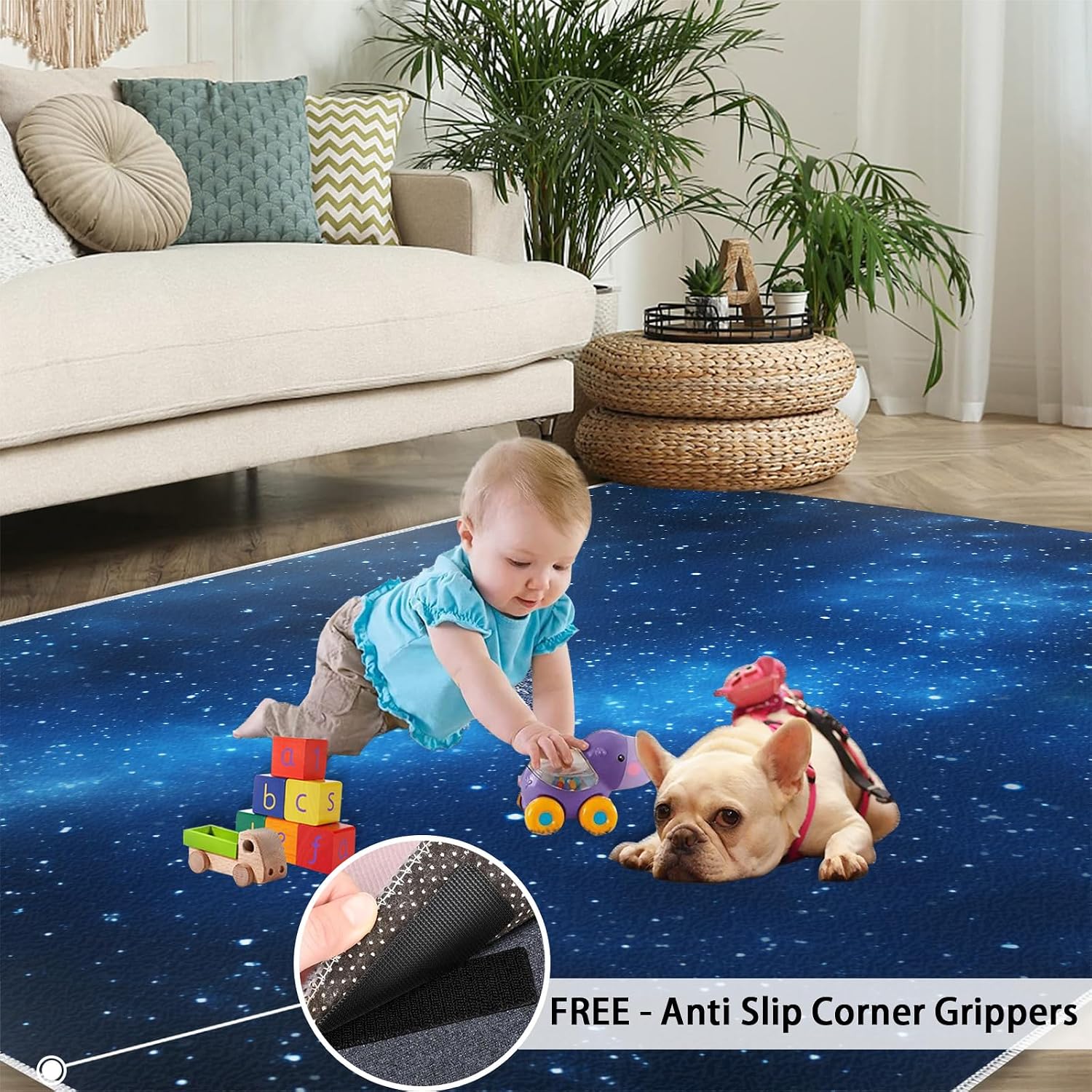 Blue Starry Sky Area Rug - Large Rug 6x8 - Stars Rugs for Living Room - Soft & Non Slip & Washable Rugs for Bedroom, Nebula Carpets for Dining Room Lounge Girls Room