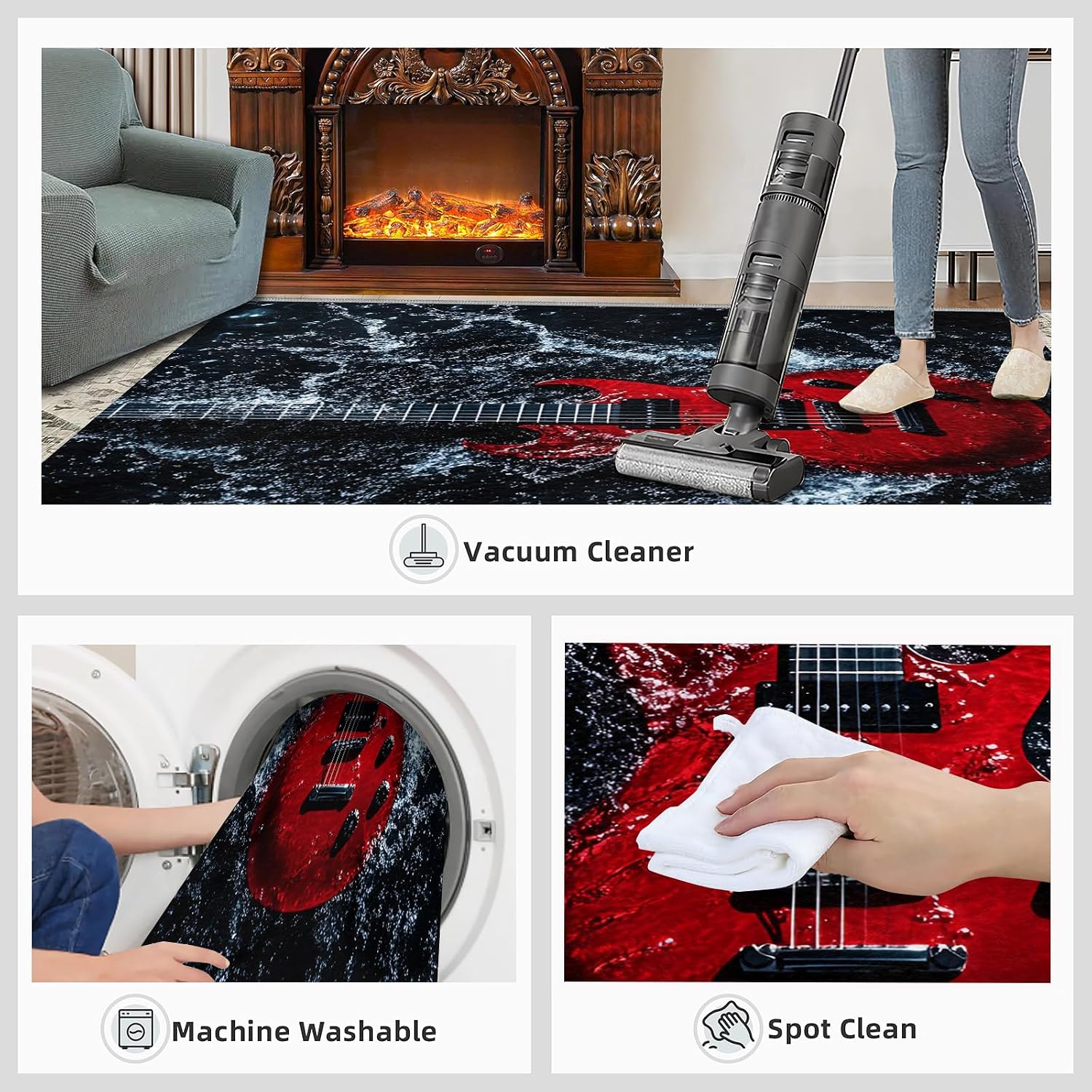 Guitar Rug 5x7, Guitar Rugs for Bedroom, Music Rugs for Living Room, Washable Area Rug for Boys Girls Room, Non Slip & Low Pile Carpet