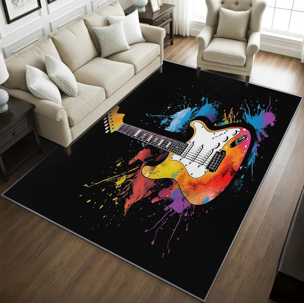 Guitar Rugs for Music Room - 5x7 Area Rugs, Graffiti Rug, Rock and Roll Rug for Living Room, Boys Music Hip Hop Washable Bedroom Carpet, Electric Guitar Home Decor & Gifts