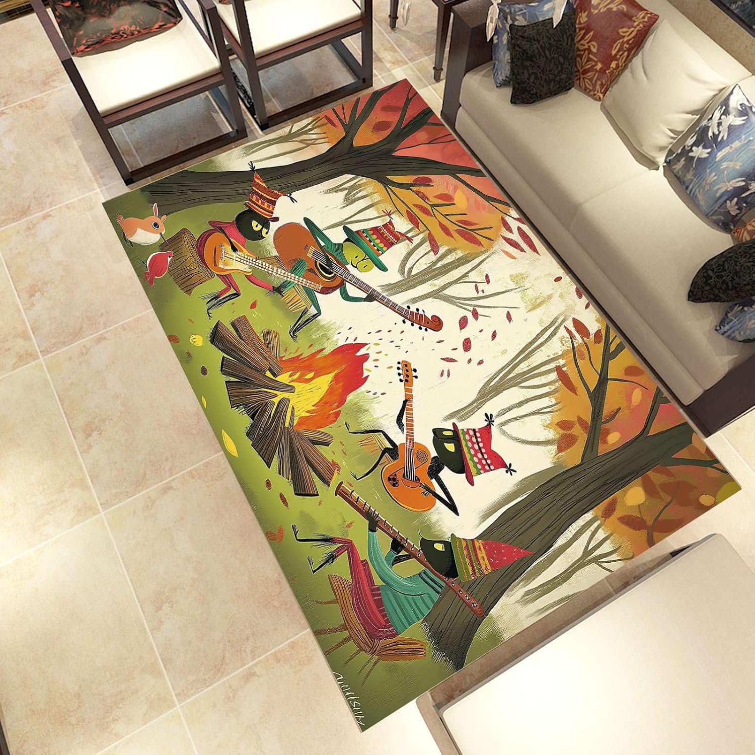 Anime Ants Large Area Rug 6x9ft Musical Instrument Guitar Washable Area Rugs for Living Room Green Bedroom Rug Decorative Carpet, for Dining Room Dormitory Washable Rugs