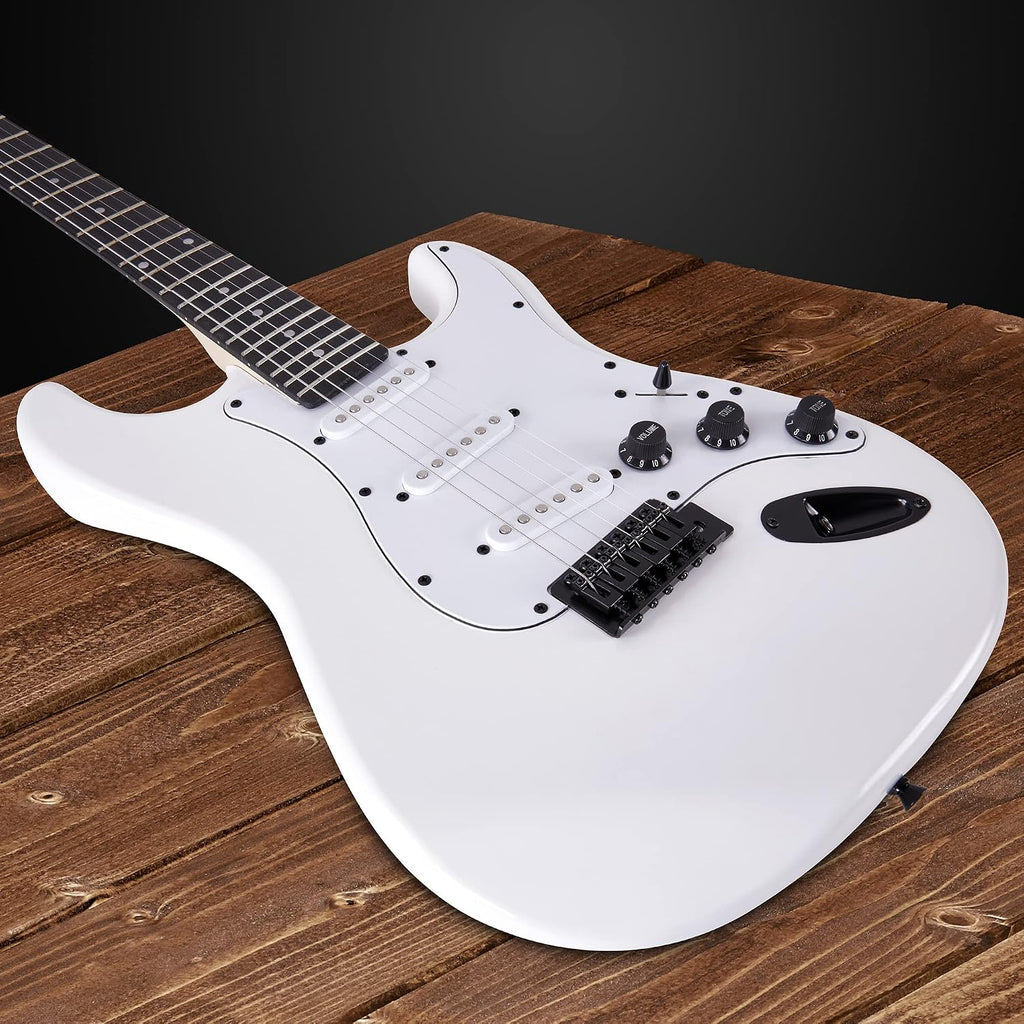 LyxPro 39 inch Electric Guitar Kit Bundle with 20w Amplifier, All Accessories, Digital Clip On Tuner, Six Strings, Two Picks, Tremolo Bar, Shoulder Strap, Case Bag Starter kit Full Size - White