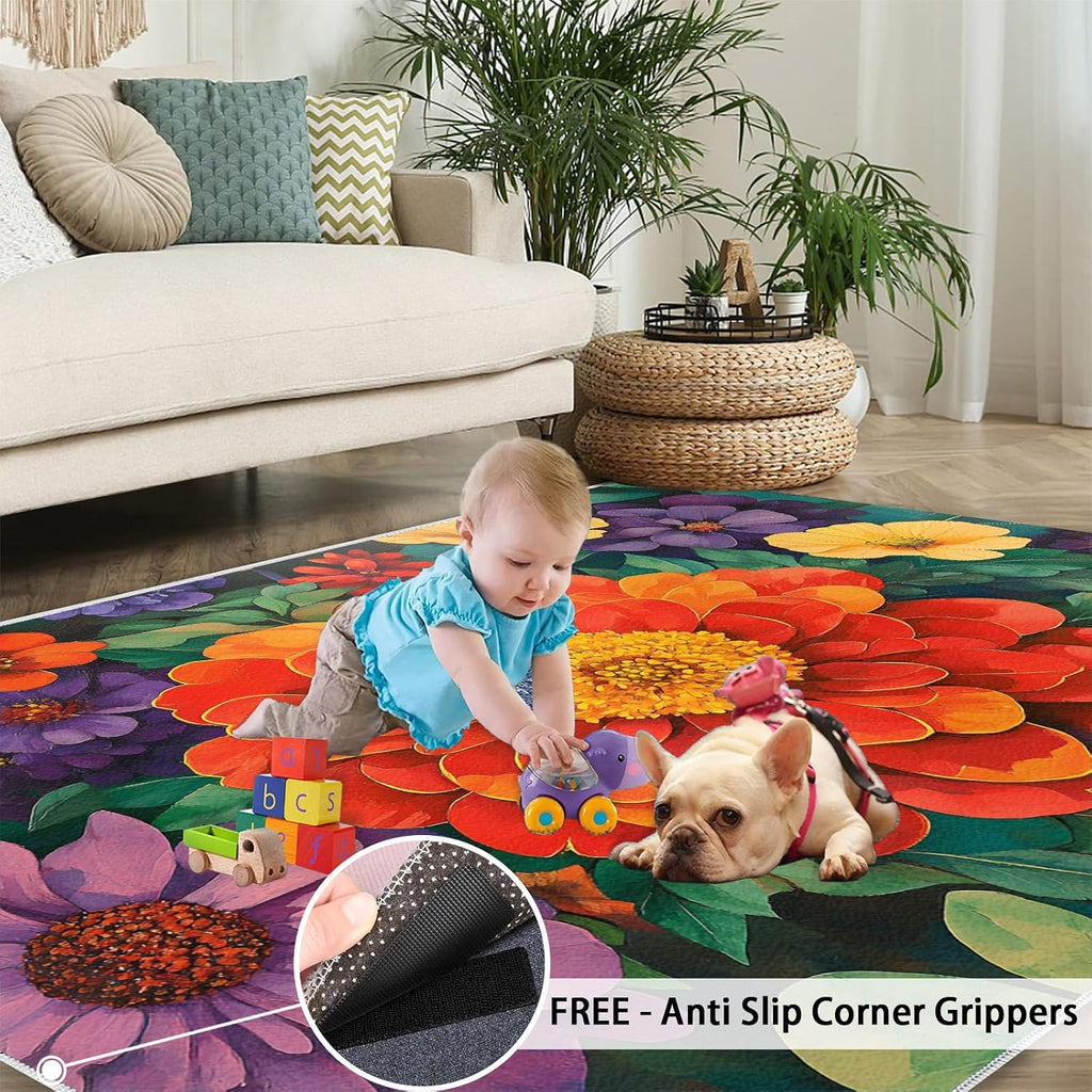 6x8 Florals Classroom Rugs - Flowers Playroom Rug, Botanical Art Carpet Area Rug for Girls Bedroom Kids Room Basement Office Classroom