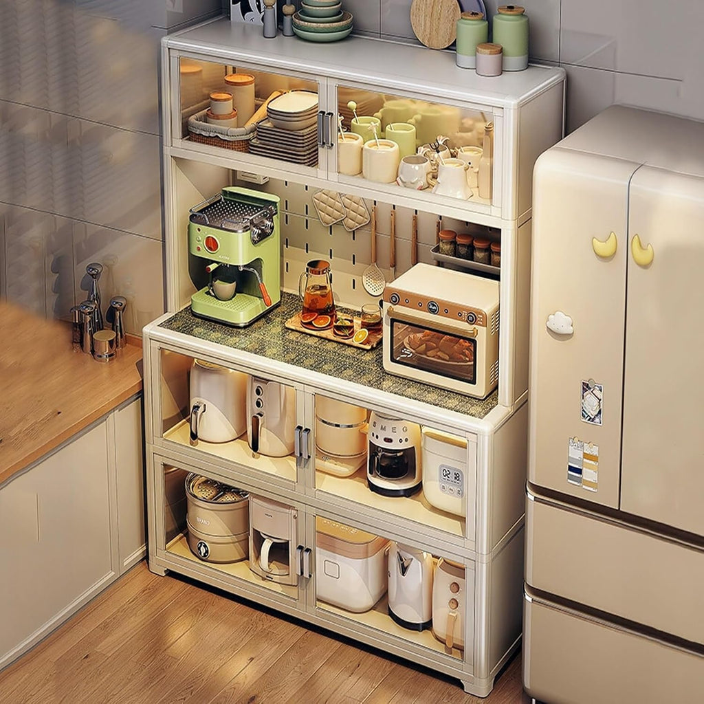 Bakers Rack with Storage, Metal Kitchen Storage Cabinet, Large Capacity, Expanded Space, with Spice Rack X 2, Chopstick Holder X 1, Hook X 4(White,60cm)