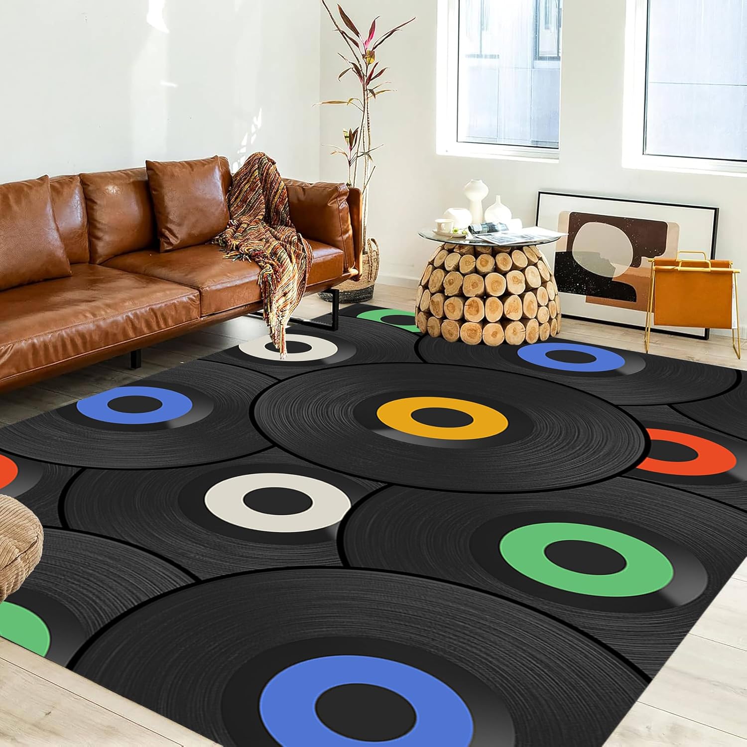 UNREASTO Music Record Area Rug, 6x8ft, Modern Classic Music Vinyl Record Black Rugs for Music Lovers Home Decoration, Non-Slip Washable Rug for Living Room Bedroom Dining Room Music Room Floor Mat