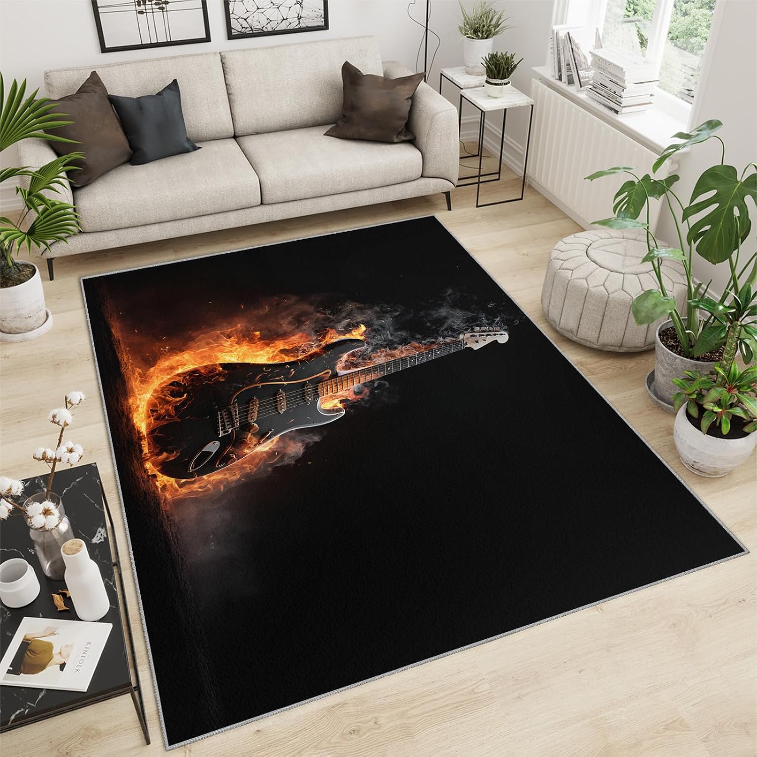 Guitar Rugs for Music Room - Boys Musical Rug, 6x8 Rug, Music Washable Rugs for Living Room Bedroom, Burning Instruments Area Rug, Rock and Roll Carpet - Home Decor, Electric Guitars Gifts for Men