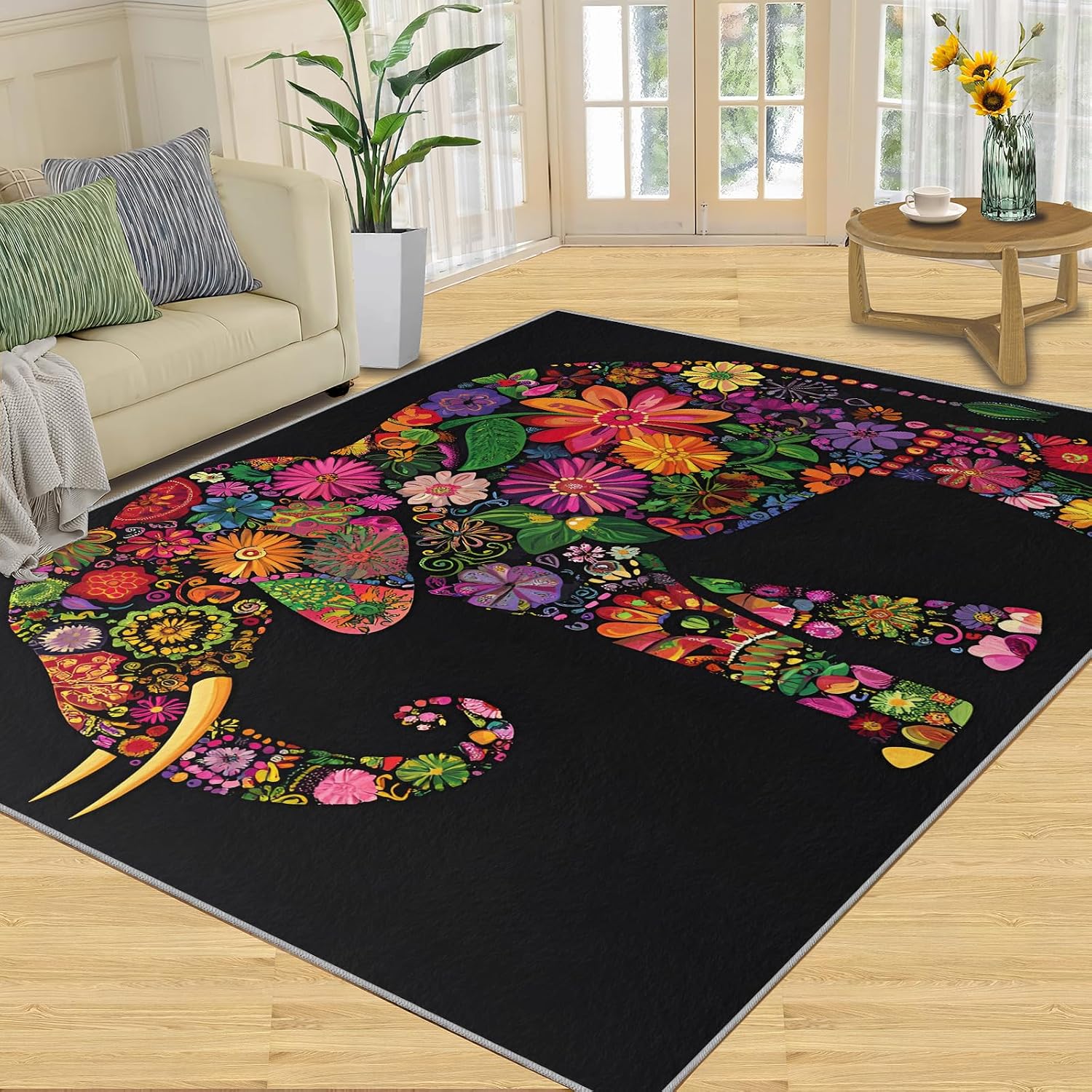 Florals Elephant Area Rug 6x8 - Flowers Elephant Large Rugs for Living Room, Creative Animals Carpet Area Rug for Girls Bedroom Kids Room Basement Office Classroom