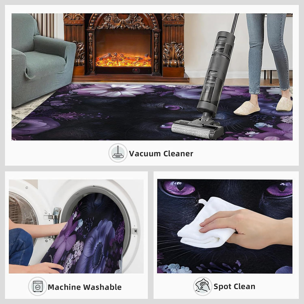 Black Cat Rug for Kids Room - 6x8 Large Rug, 3D Purple Eyes Cat Kitten Rugs for Bedroom Beautiful Flower Area Rugs for Living Room Home Decor Washable Rug