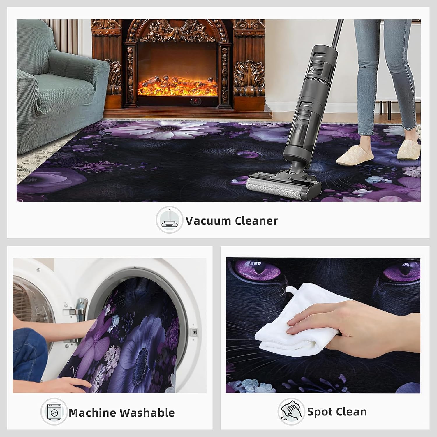 Black Cat Rug for Kids Room - 6x8 Large Rug, 3D Purple Eyes Cat Kitten Rugs for Bedroom Beautiful Flower Area Rugs for Living Room Home Decor Washable Rug
