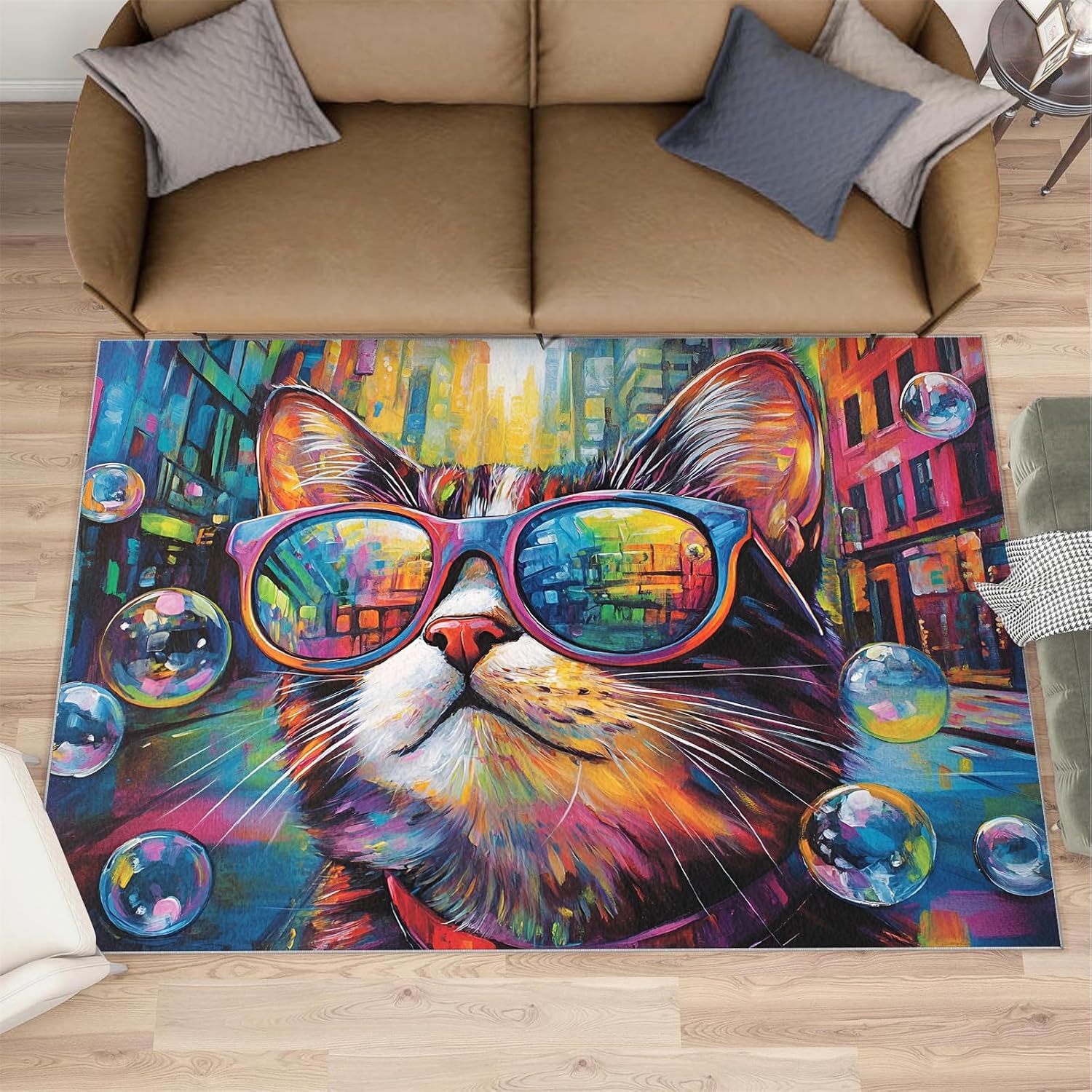 Cat Rug, Graffiti Rugs for Bedroom 5x7 Rug, Pet Cat Area Rug, Rugs for Living Room, Non Slip Washable Carpet for Kids Room Home Decor