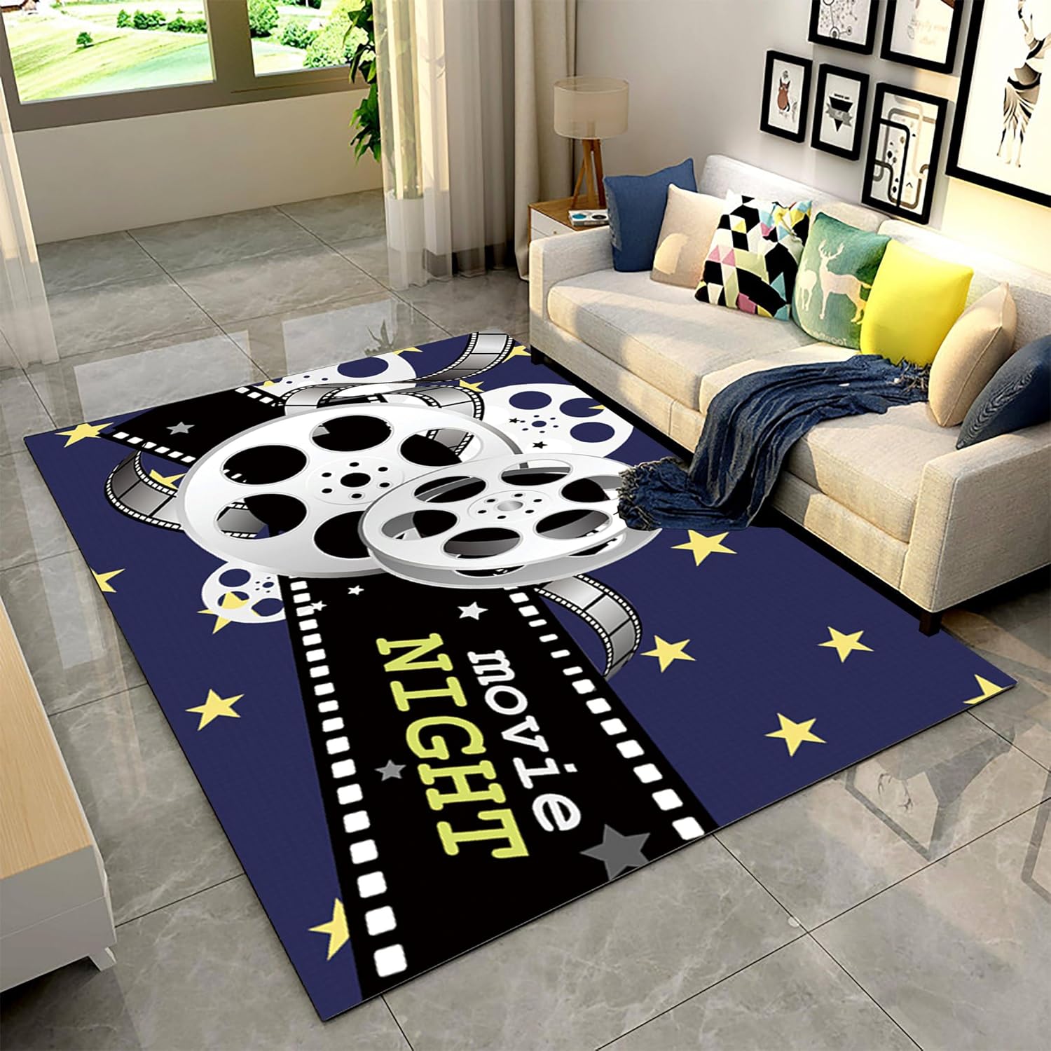 Movie Theater Decor Living Room Area Rug,6x8ft,Home Theater Floor Mat with Cinema Sign Design, Non-Slip Area Carpet Ideal for Bedroom, Kitchen, Hallway
