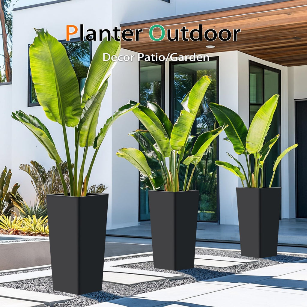Heyzier Tall Planters for Outdoor Plants, Large Resin Flower Pots for Garden, Front Porch, Patio, Indoor - Set of 2 (Black, 32 inch - 2 Pack)