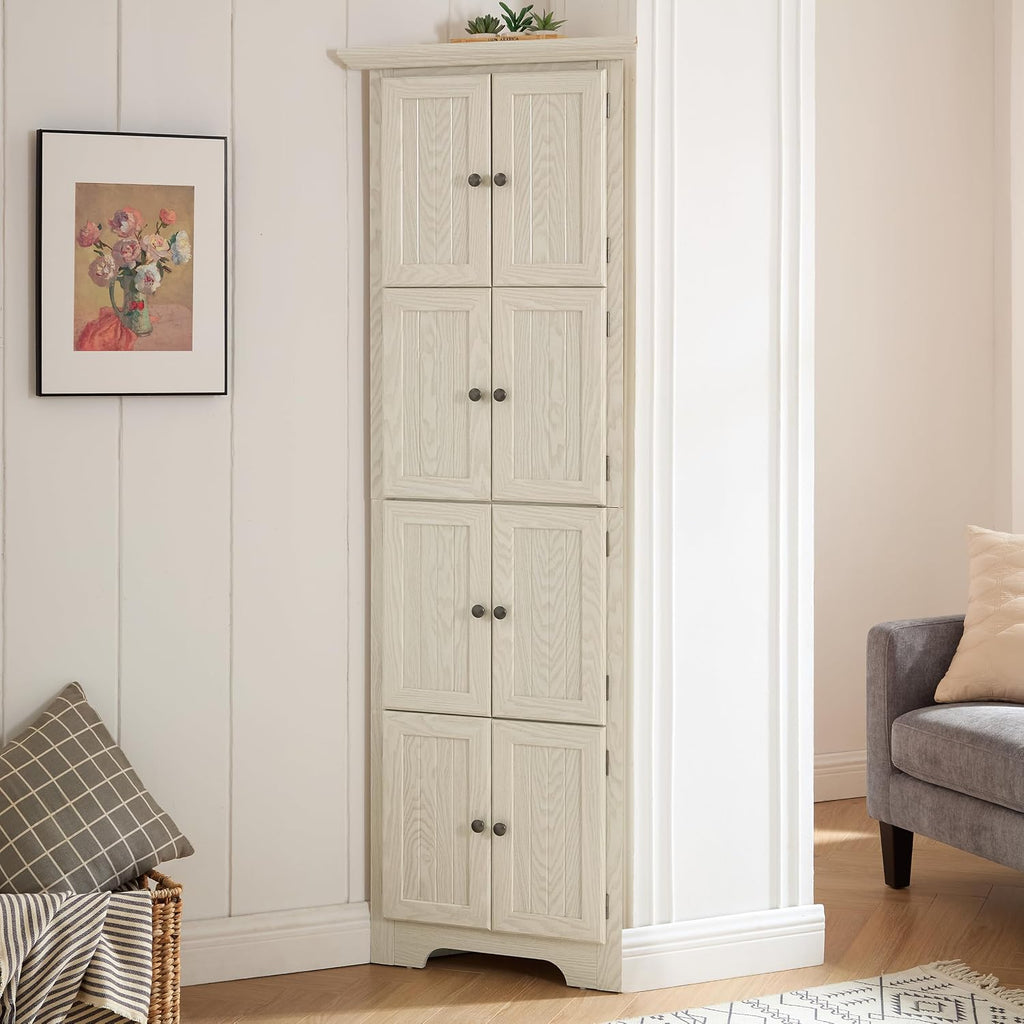 72' Sturdy Freestanding Storage Cabinet, Kitchen Storage Bakers Rack with Tiered Shelves, Utility Food Cupboard with Spacious Doors for Kitchen, Bathroom, Living Room, White