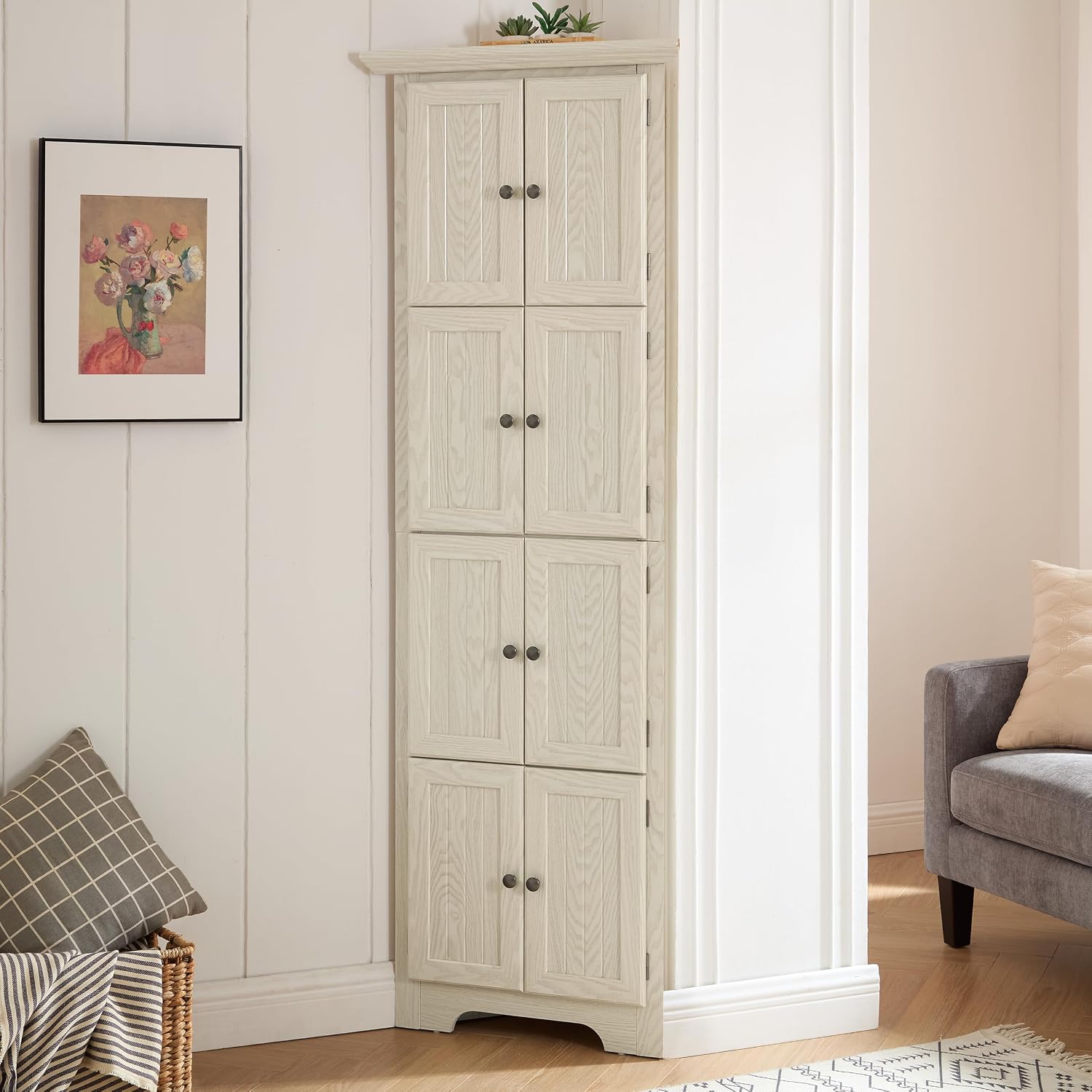 72' Sturdy Freestanding Storage Cabinet, Kitchen Storage Bakers Rack with Tiered Shelves, Utility Food Cupboard with Spacious Doors for Kitchen, Bathroom, Living Room, White