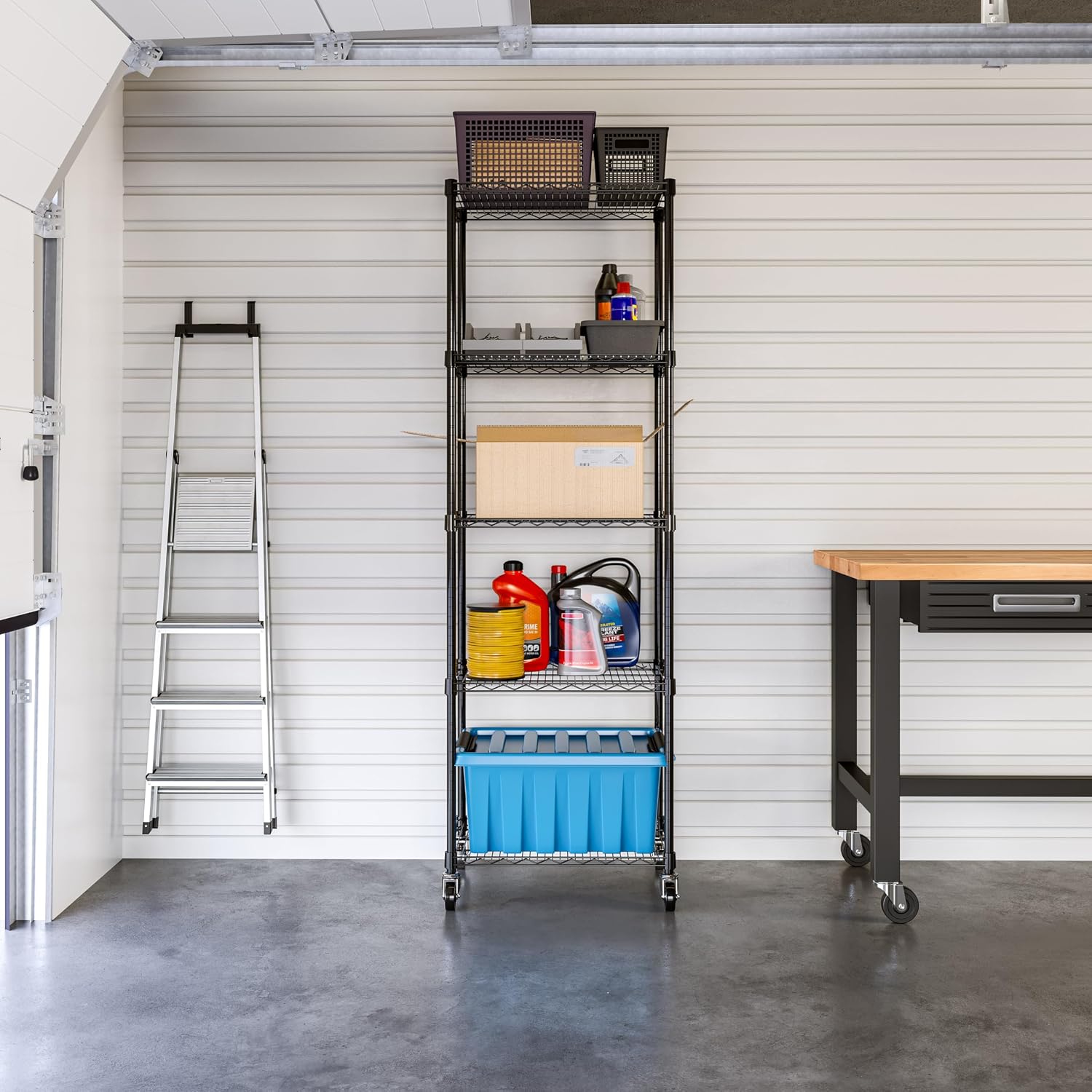 Seville Classics UltraDurable Heavy Duty NSF Solid Steel Wire Rack Storage Unit, Organizer for Garage, Warehouse, Office, Restaurant, Classroom, Kitchen, Black, 5-Tier Shelving, 24' W x 18' D