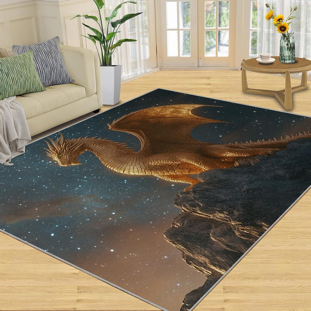 Dragon Rug 6x8, Golden Dragon Rugs for Boys Room, Mythical Creatures Area Rugs for Bedroom, Low Pile Non Slip Carpet for Computer Game Room Dormitory Decor