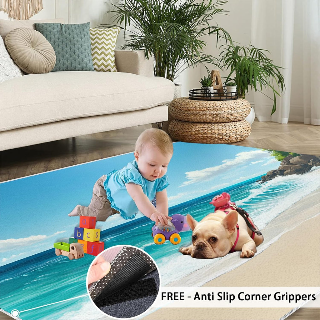 Summer Beach Rug 6x8-6x8 Rug, Coastal Washable Rugs for Living Room, Nautical Carpet, Landscape Non-Slip Area Rugs for Bedroom, Ocean Carpet, Beach Home Decor