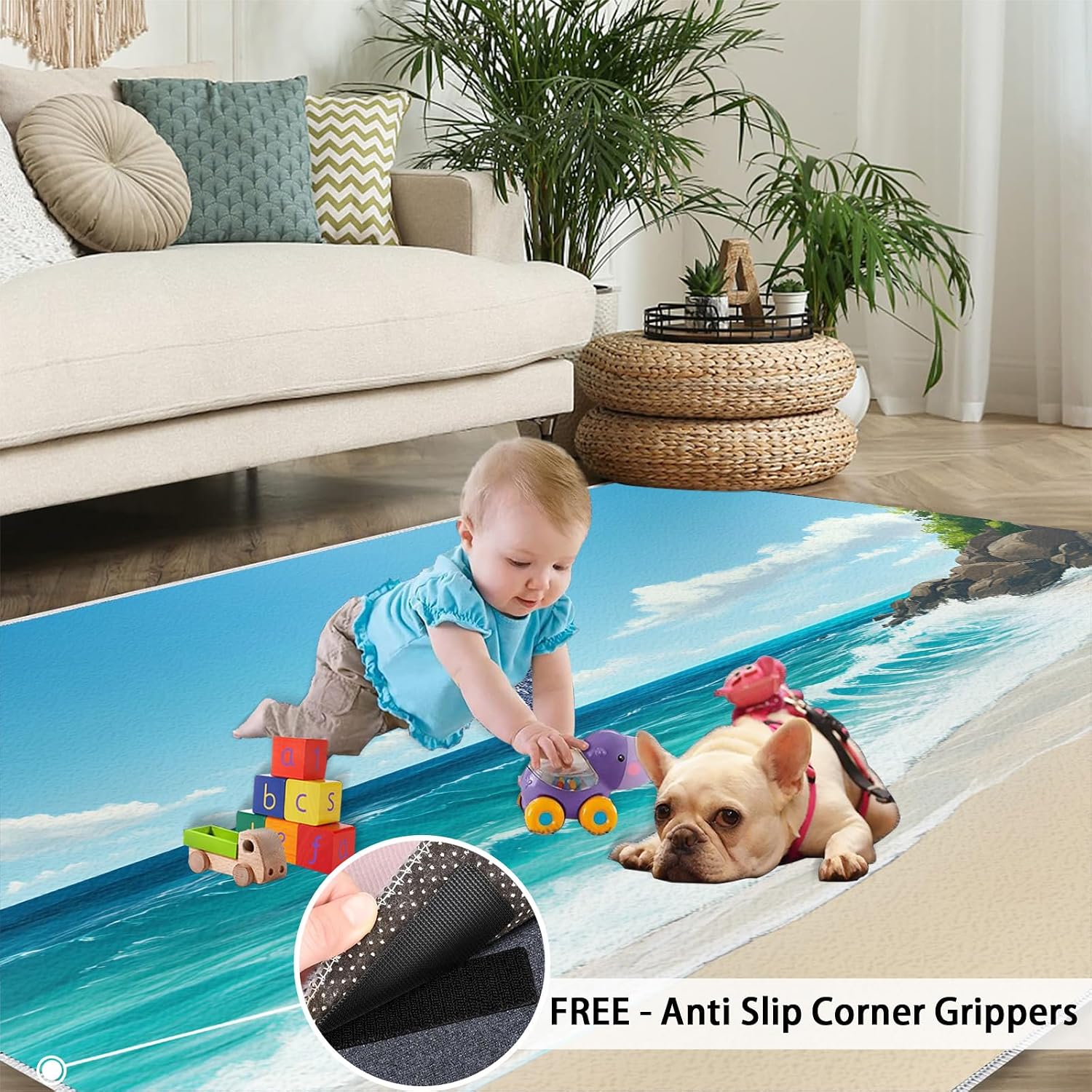 Summer Beach Rug 6x8-6x8 Rug, Coastal Washable Rugs for Living Room, Nautical Carpet, Landscape Non-Slip Area Rugs for Bedroom, Ocean Carpet, Beach Home Decor