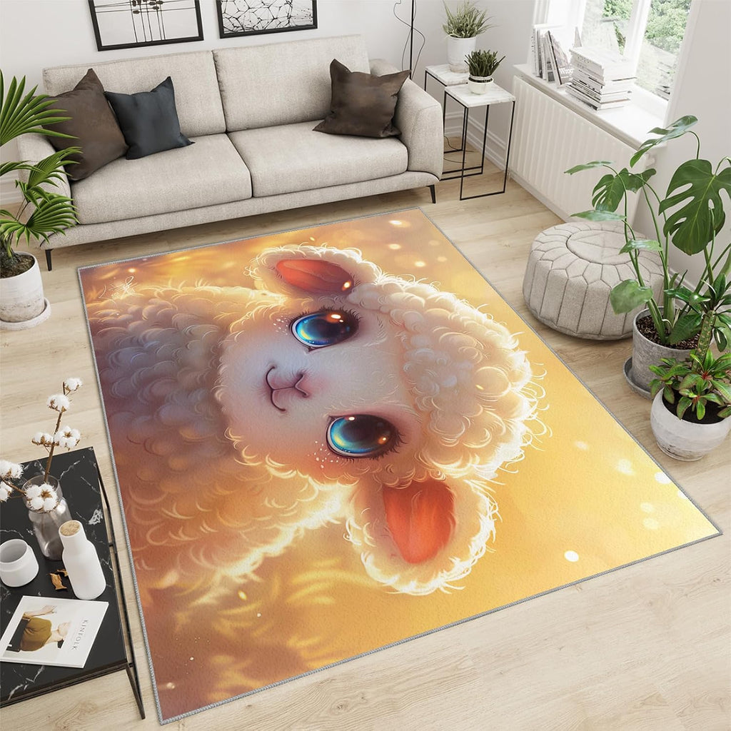Cartoon Animals Rug for Kids Room - 6x8 Large Rug, Kawaii Alpaca Rugs for Bedroom Cute Lamb Area Rugs for Living Room Home Decor Washable Rug