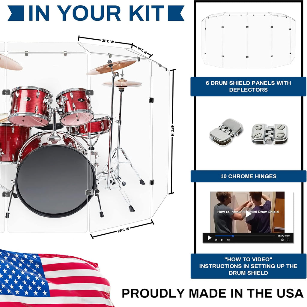 PENNZONI Drum Shield 4ft w/Deflectors & Chrome Hinges, Comes w/ 6 Drum Panels, 6 Deflectors, Chrome Hinges & Deflectors Connectors, Premium Clear Acrylic Panels
