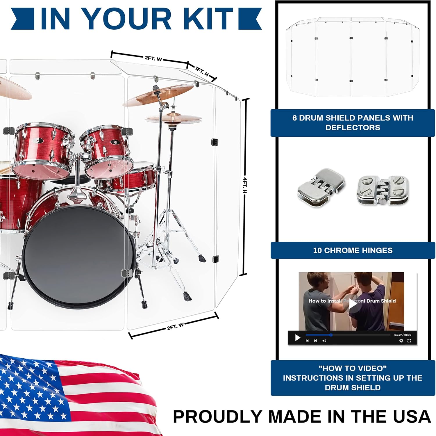 PENNZONI Drum Shield 4ft w/Deflectors & Chrome Hinges, Comes w/ 6 Drum Panels, 6 Deflectors, Chrome Hinges & Deflectors Connectors, Premium Clear Acrylic Panels
