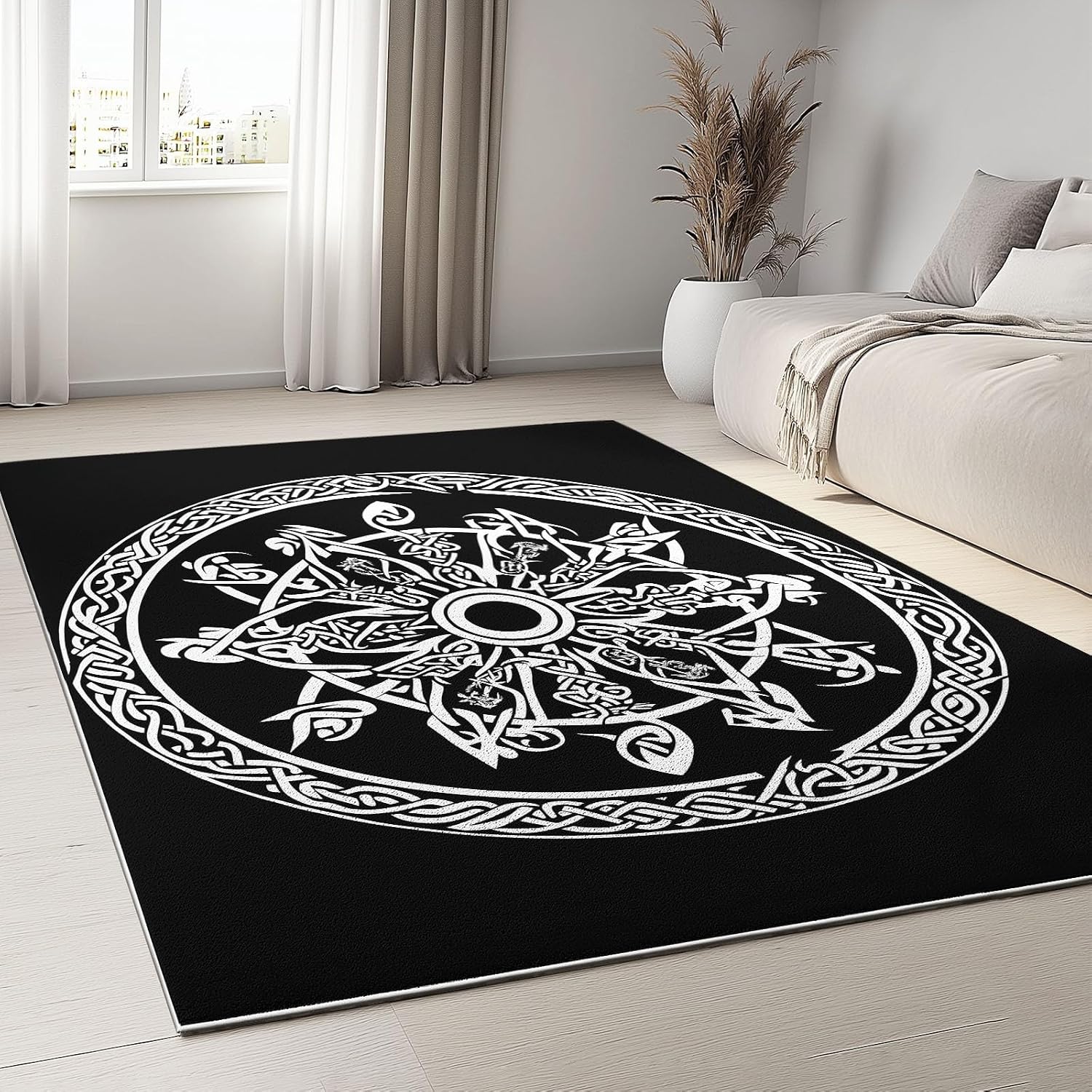Washable Rug 5x8 ft Area Rug Golden Tree of Life Wolf Guitar, Non Slip Machine Washble Carpet Soft Low Pile Bedroom Lightweight Carpet for Home Dinning Room