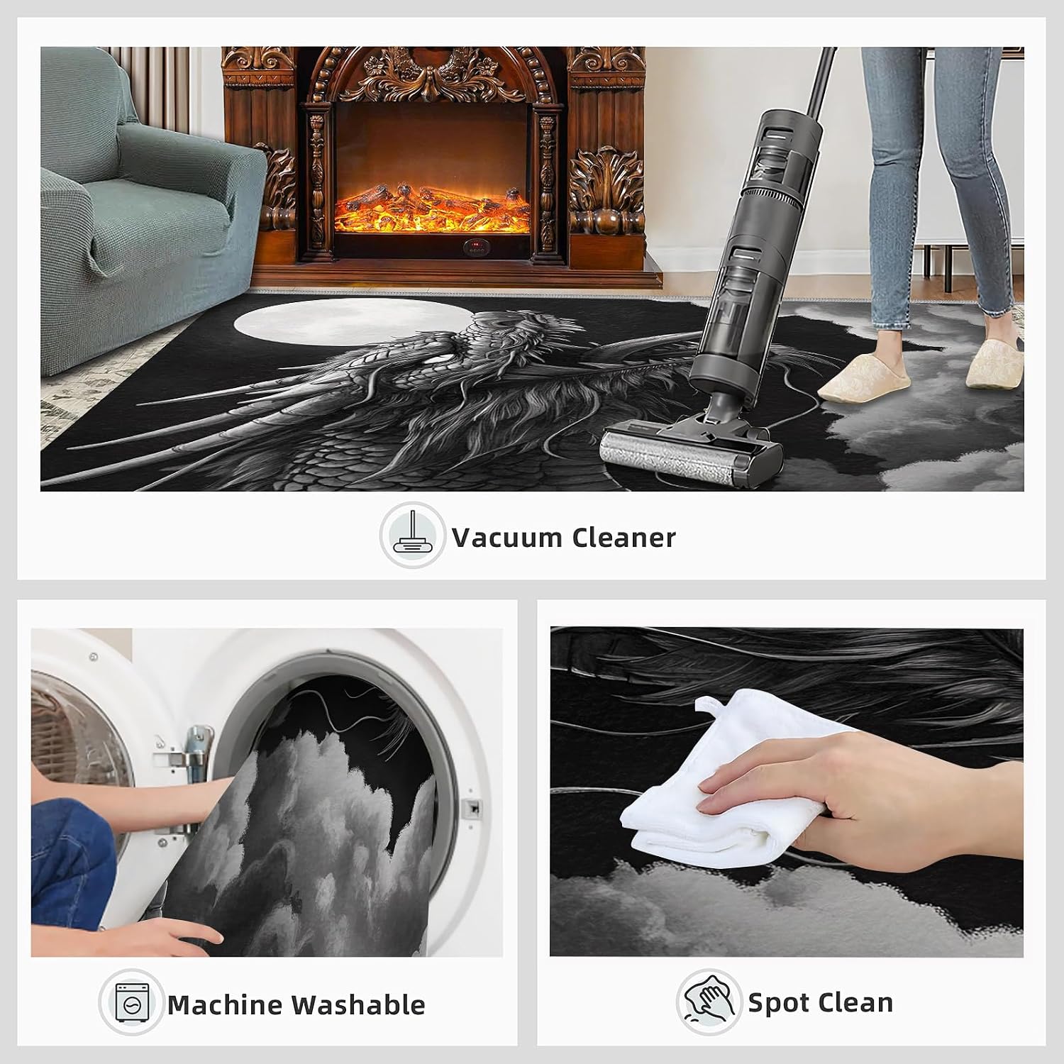 Dragon Rug 6x8, Dragon Rugs for Bedroom, Chinese Style Rugs for Living Room, Washable Area Rug for Boys Girls Bedroom, Low Pile & Non Slip Carpet