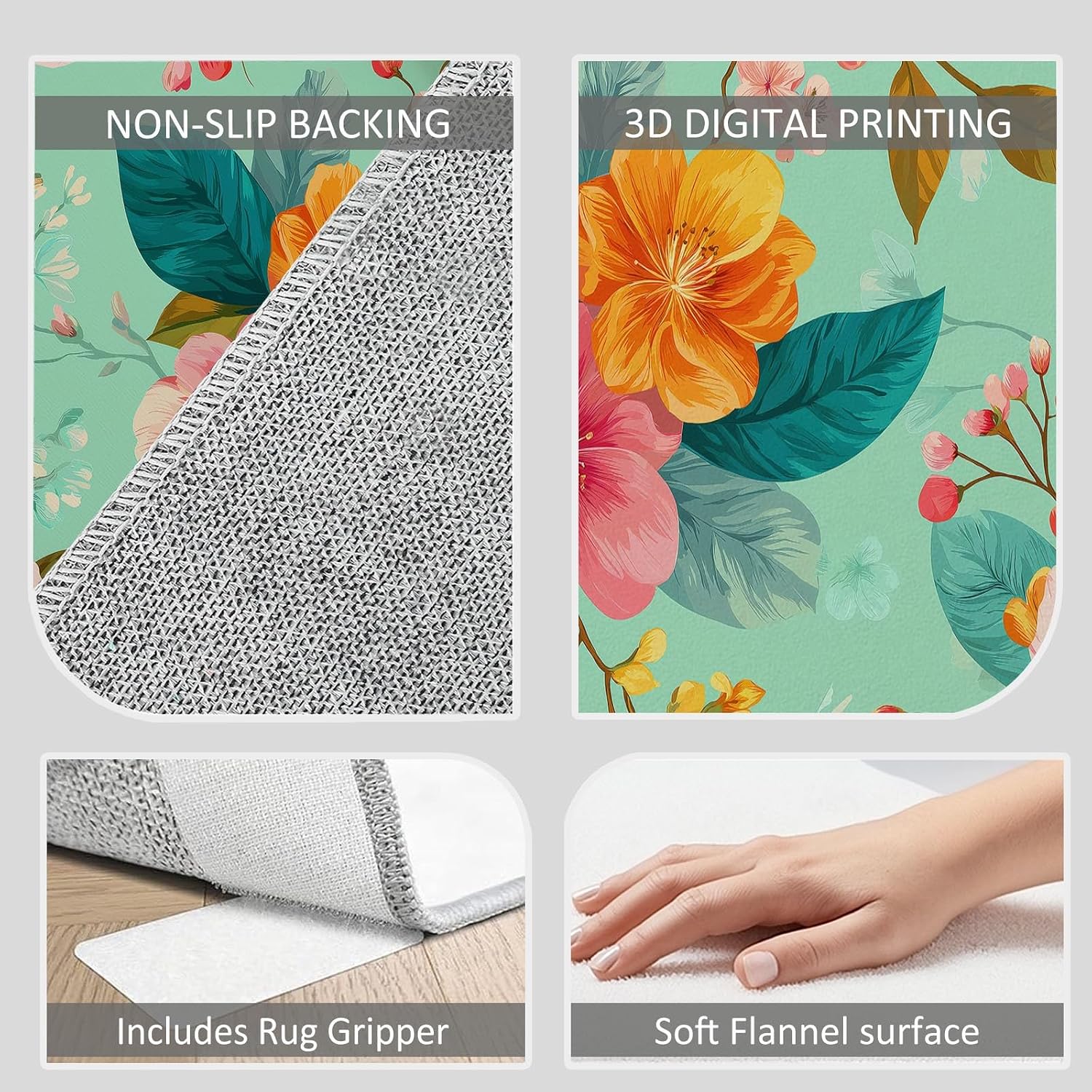 Soft Pastoral Carpet for Bedroom Living Room Non-Slip Rugs 5' x 7', Fluffy Indoor Washable Plants Flowers Mint Green Carpet for Kids Boys Girls Dorm Nursery Room Home Decor