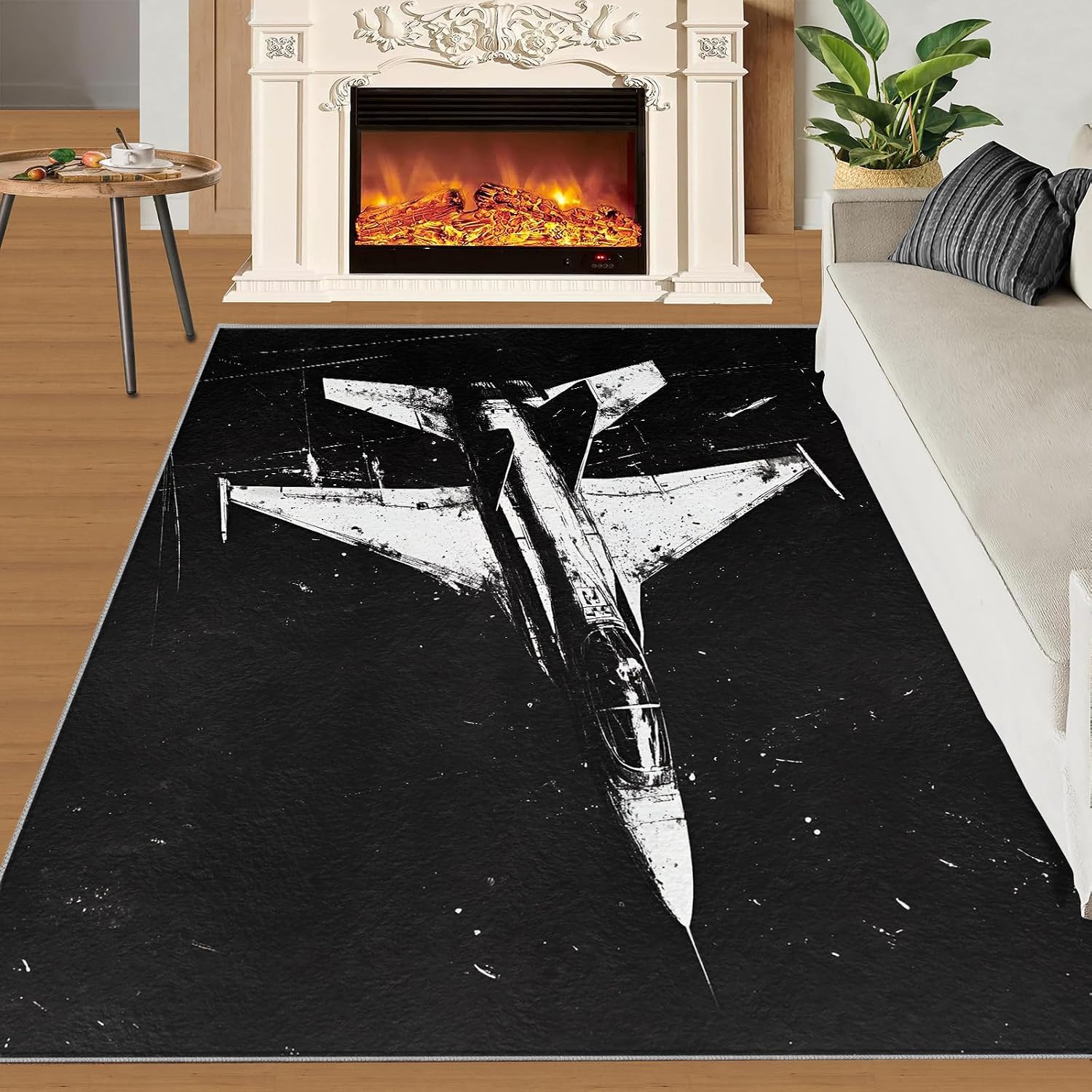 Airplane Rug 6x8-6x8 Rug, Vintage Area Rugs for Bedroom, Black and White Rugs for Living Room, Boys Washable Carpet, Airplane Home Decor & Gifts