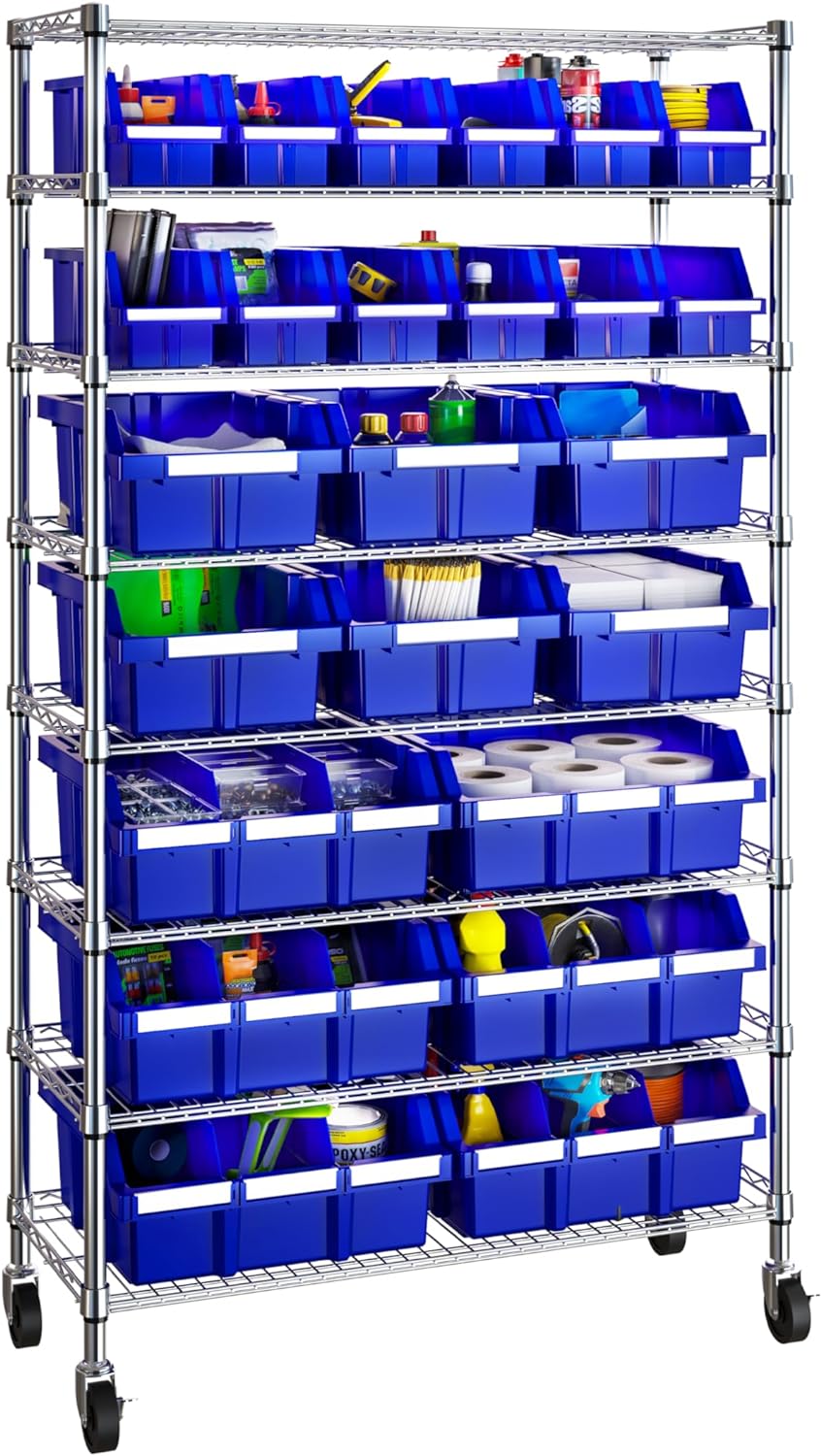 Seville Classics Commerical Grade NSF-Certified Bin Rack Storage Steel Wire Shelving System - 24 Bins - Blue