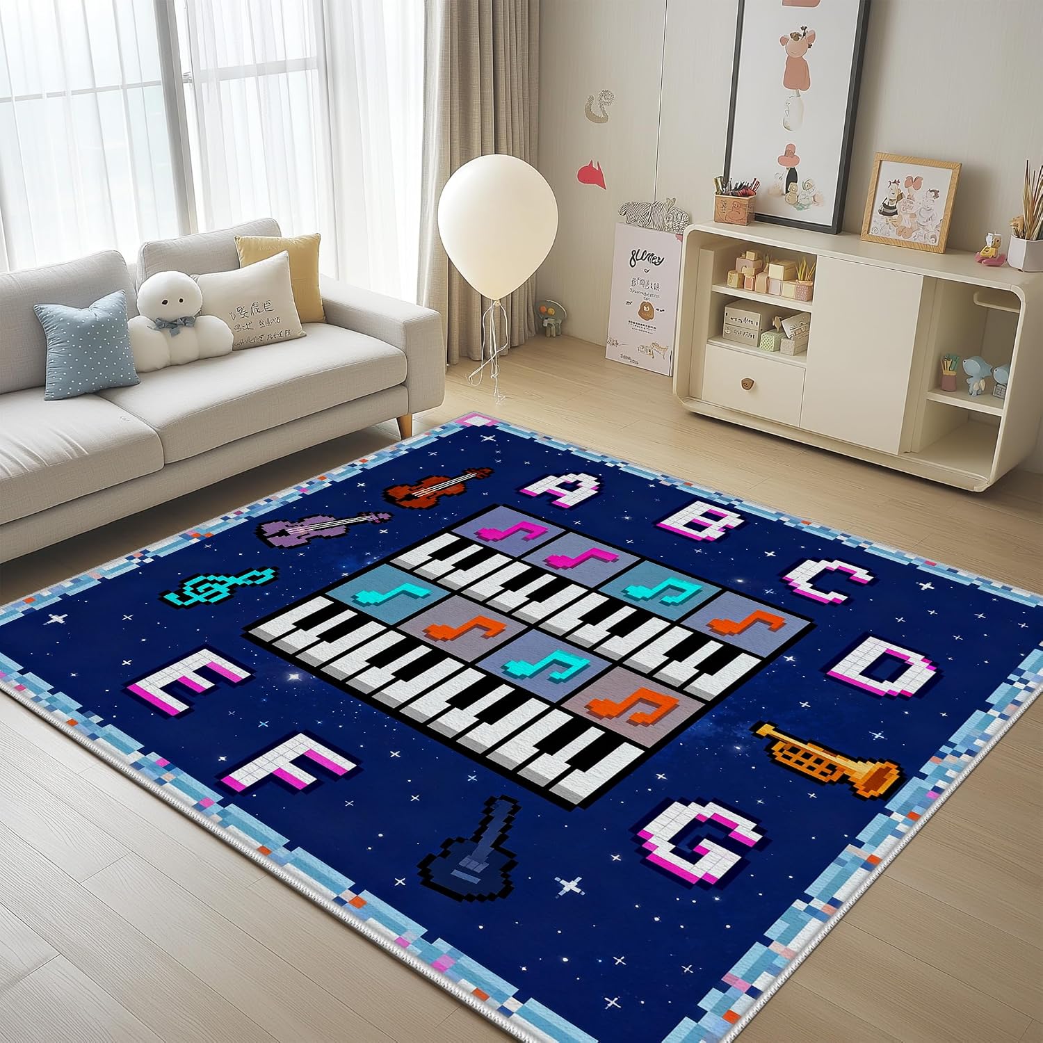 Music Pixel Rug for Boys Girls Room 6x9, Piano Keys Violin Guitar Area Rug for Playroom Bedroom Nursery Classroom Game Room, ABC Educational Fun Carpet Non-Slip Washable Play Mat