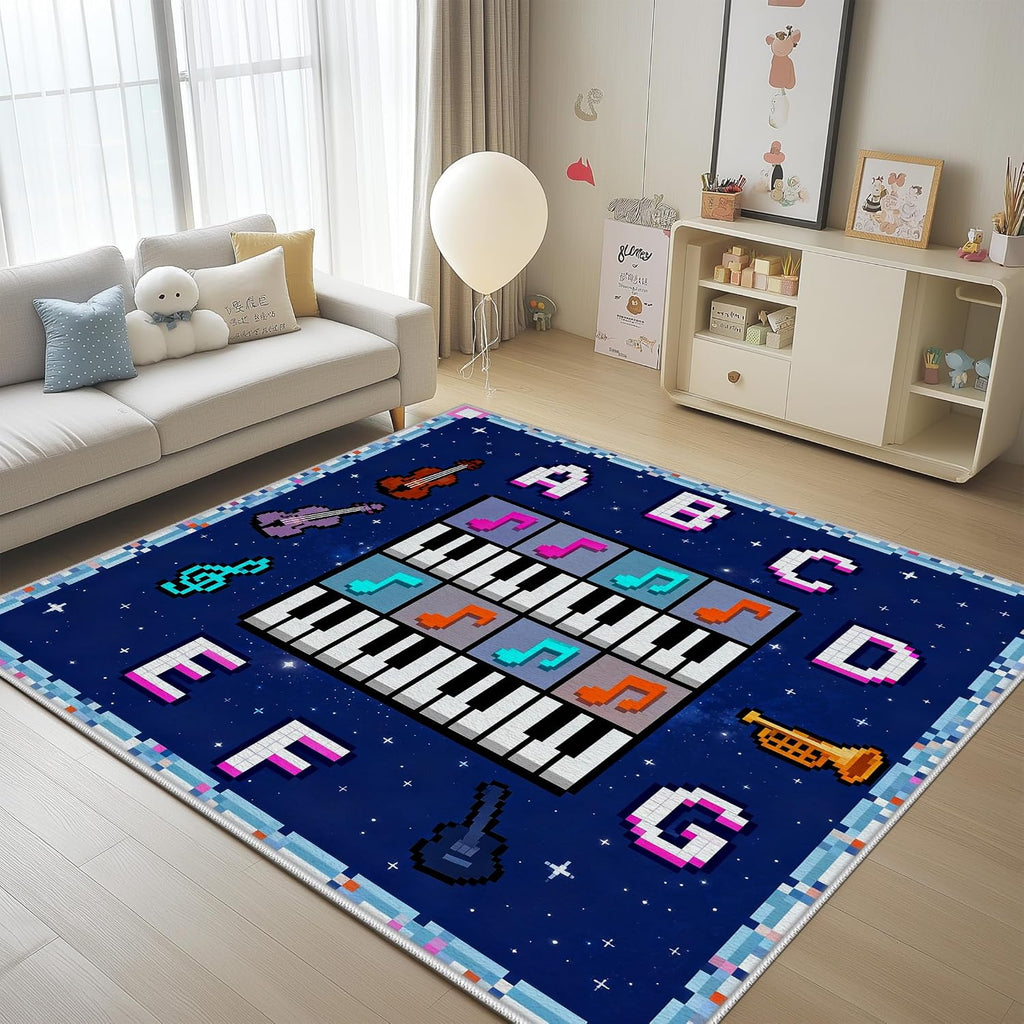 Music Pixel Area Rug 6x8ft, Piano Keys Violin Guitar Rugs for Bedroom Living Room Classroom Nursery Playroom Game Room, ABC Educational Fun Carpet Non Slip Washable for Boys Girls