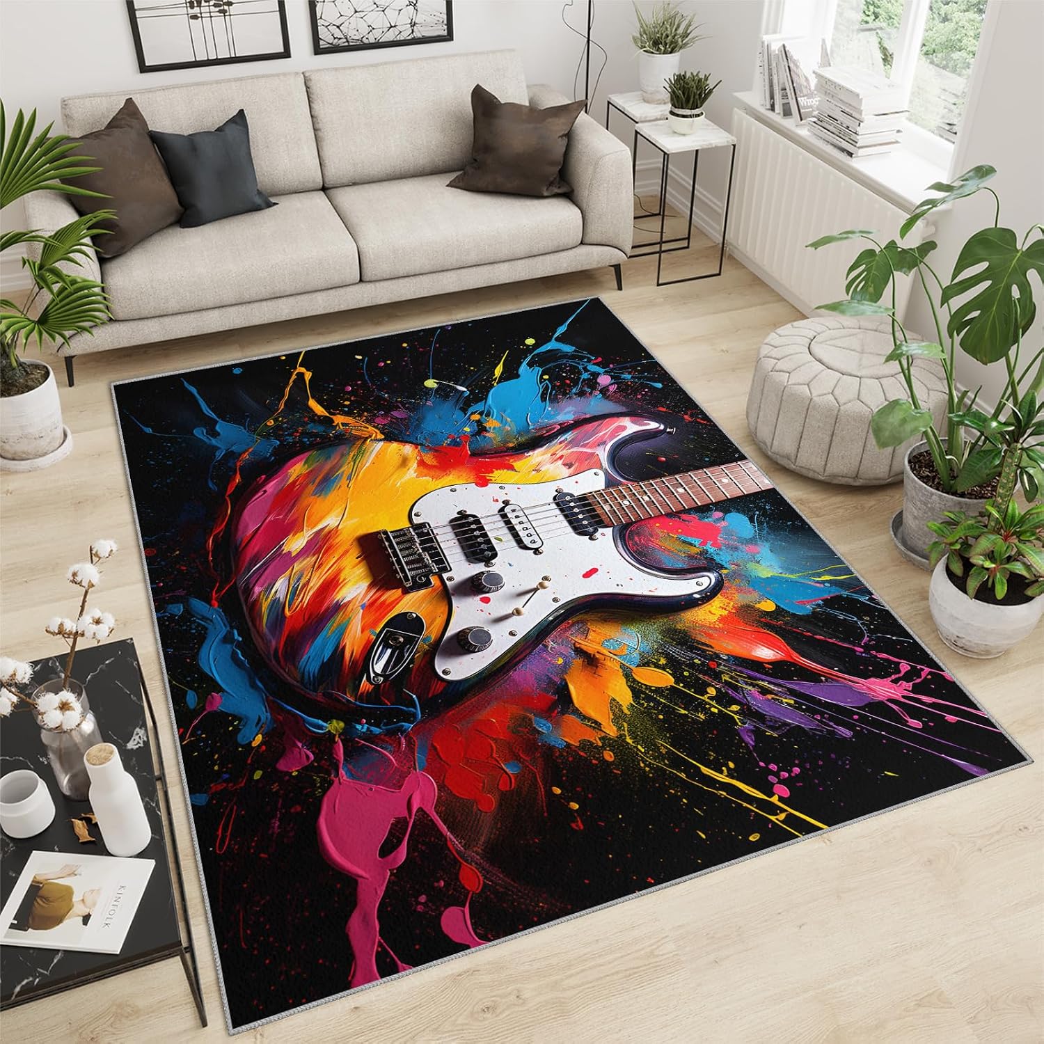 Guitar Area Rug - Cool Guitar Rugs for Bedroom - Music Lover Living Room Rug, Indoor Machine Washable Carpet for Music Studio Band Entertainment Room 6x8ft