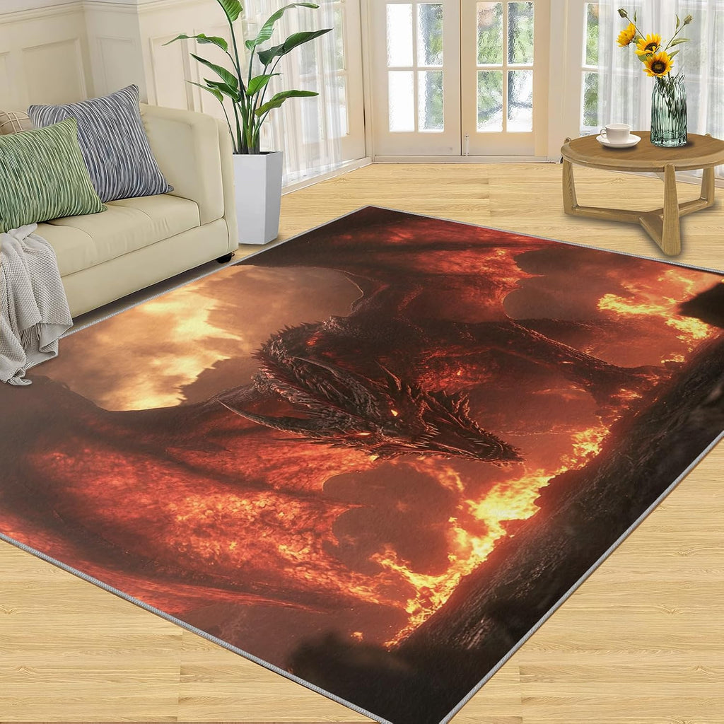 Flame Dragon Area Rug, Dragon Attack Print Rugs, Machine Washable Kids Rug for Living Room Bedroom Children's Room Dormitory Decor Floor Mat 6x8
