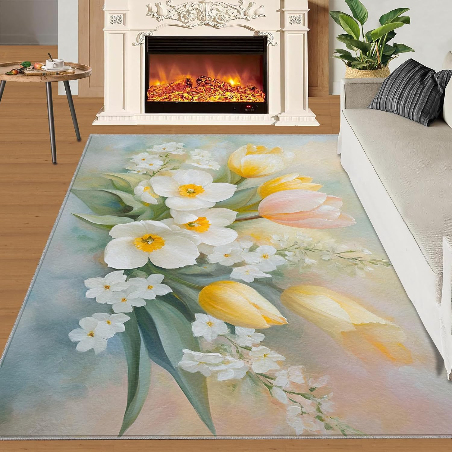 Florals Still Life Rug 6x8 - Oil Painting Florals Large Rugs for Living Room, Simple Flowers Carpet Area Rug for Girls Bedroom Kids Room Basement Office Classroom