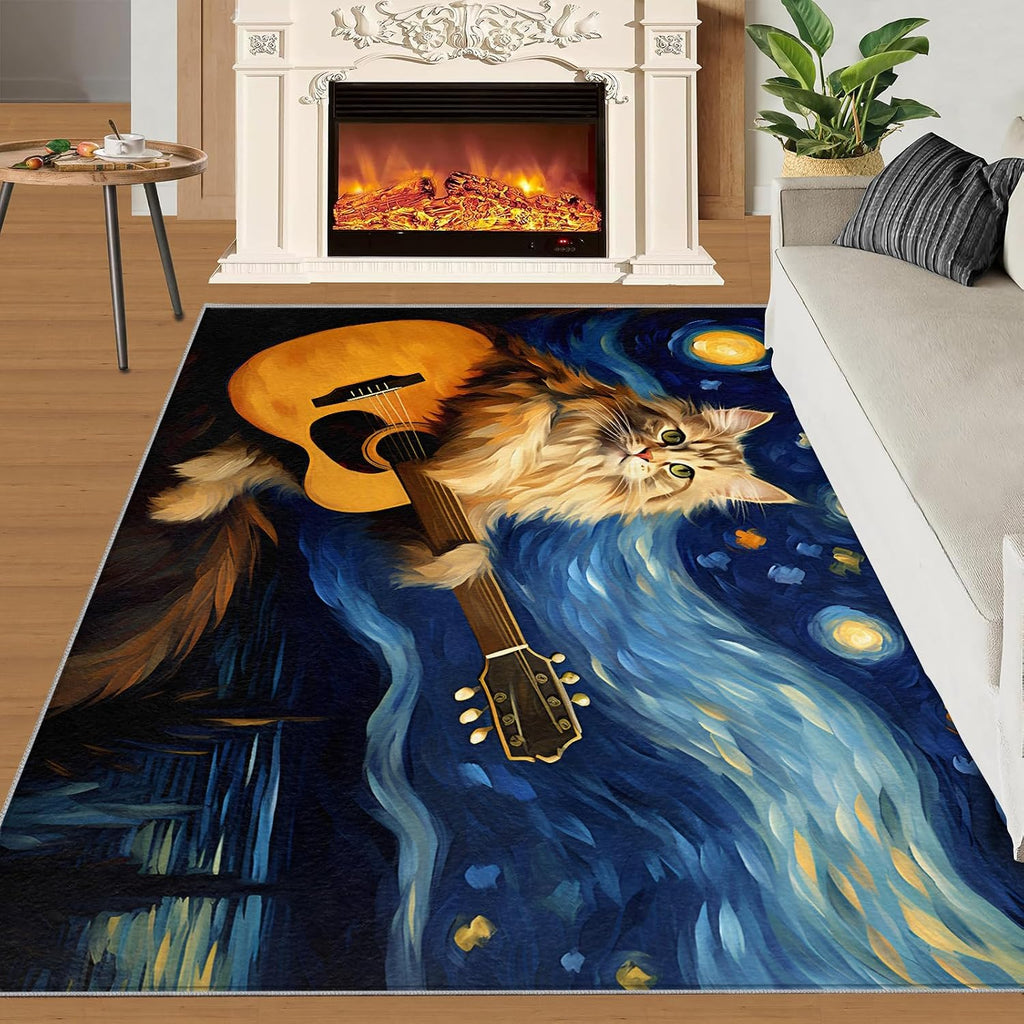 5x6 Area Rug - Starry Sky Guitar Cat Area Rugs for Kitchen, Post-Impressionist Art Painting Bedroom Area Rug Kids Low Pile for Indoor Outdoor Hardwood Floors Home Decor