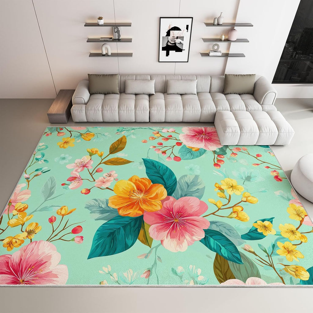 Soft Pastoral Carpet for Bedroom Living Room Non-Slip Rugs 5' x 7', Fluffy Indoor Washable Plants Flowers Mint Green Carpet for Kids Boys Girls Dorm Nursery Room Home Decor