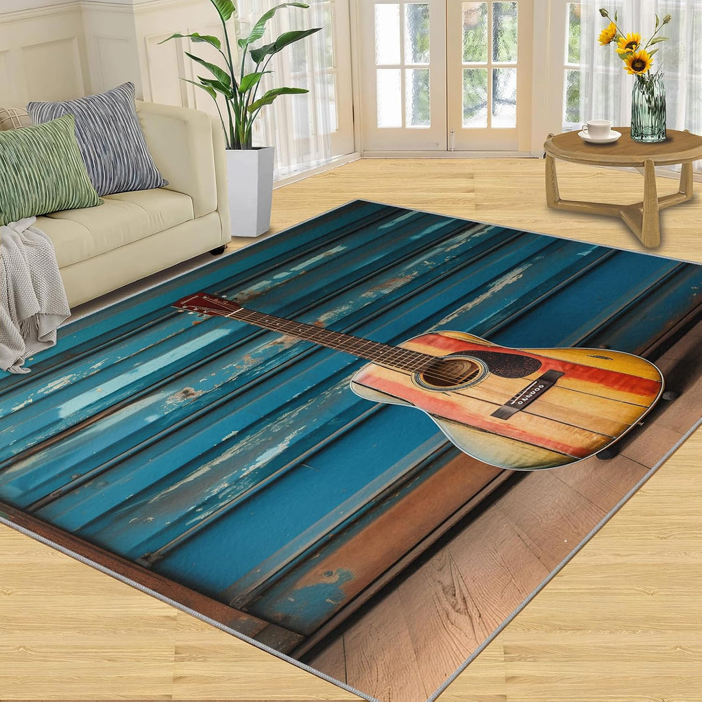 Area Rug 6x8ft, Musical Instruments Guitar Rugs for Living Room, Music Theme Home Bedroom Rug, Machine Washable Breathable Durable Indoor Carpet for Bedside Porch Entryway Office