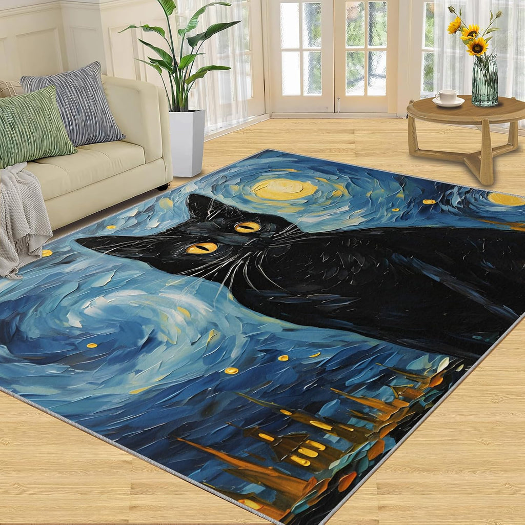 6x8 Area Rug - Starry Night Black Cat Large Rugs for Living Room, Post-Impressionist Art Painting Carpet Area Rug for Girls Bedroom Kids Room Basement Office Classroom