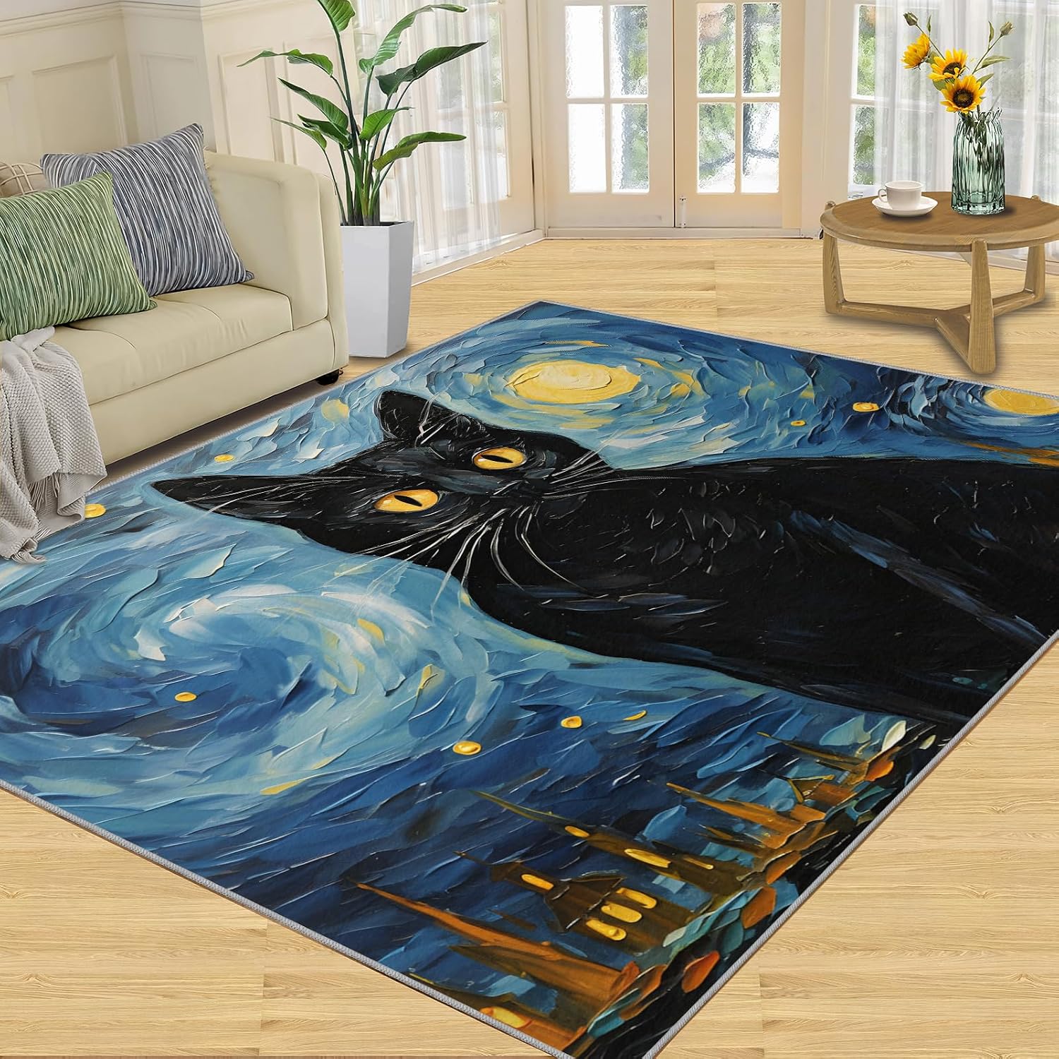 6x8 Area Rug - Starry Night Black Cat Large Rugs for Living Room, Post-Impressionist Art Painting Carpet Area Rug for Girls Bedroom Kids Room Basement Office Classroom