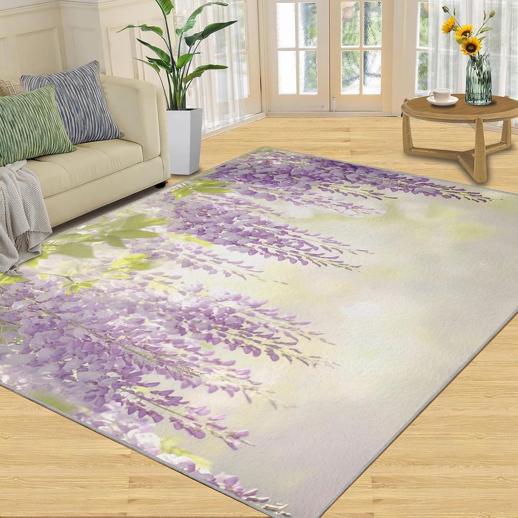 Lavender Rug Large - 6x8 Rug, Purple Wisteria Area Rugs for Bedroom, Modern Floral Rugs for Living Room, Nature Washable Mat, Aesthetic Carpet, Floral Home Decor & Gifts