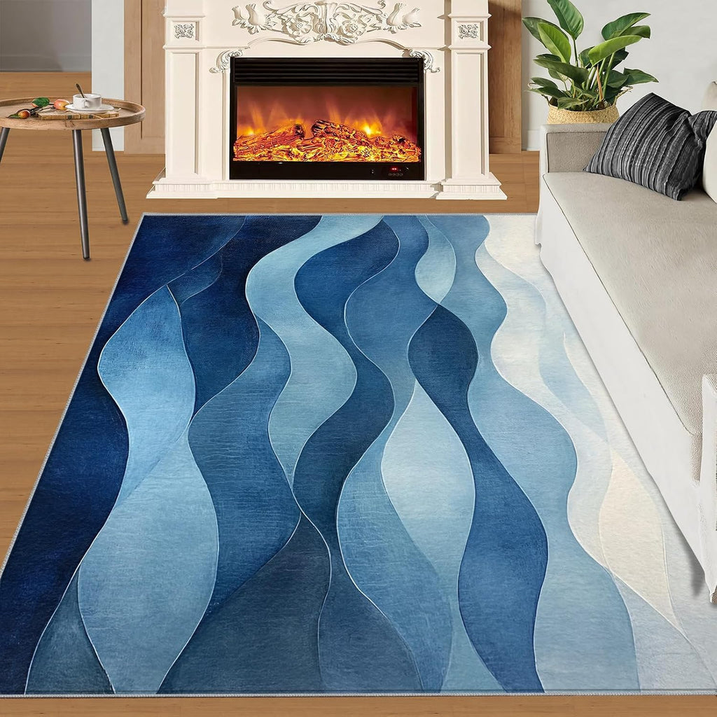 Geometry Rug 6x8, Abstract Rugs for Bedroom, Blue Geometry Area Rug, Home Decor Rugs for Living Room, Non-Slip Machine Washable Carpet