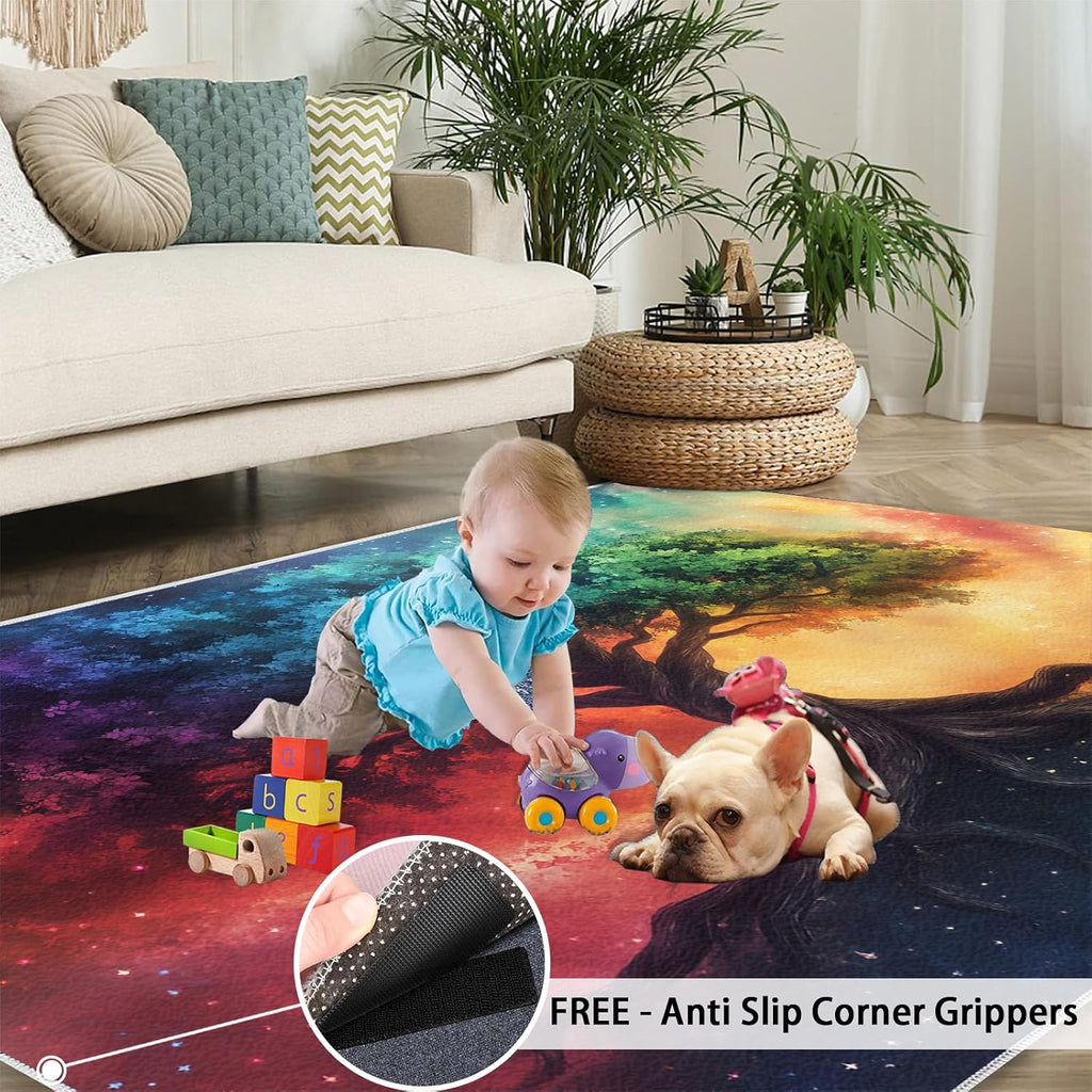 Fantasy Tree Rugs for Bedroom, Tree of Life Rug 6x8, Fantasy Starry Sky Dining Room Rugs Washable & Non Slip Large Carpet for Home Decor