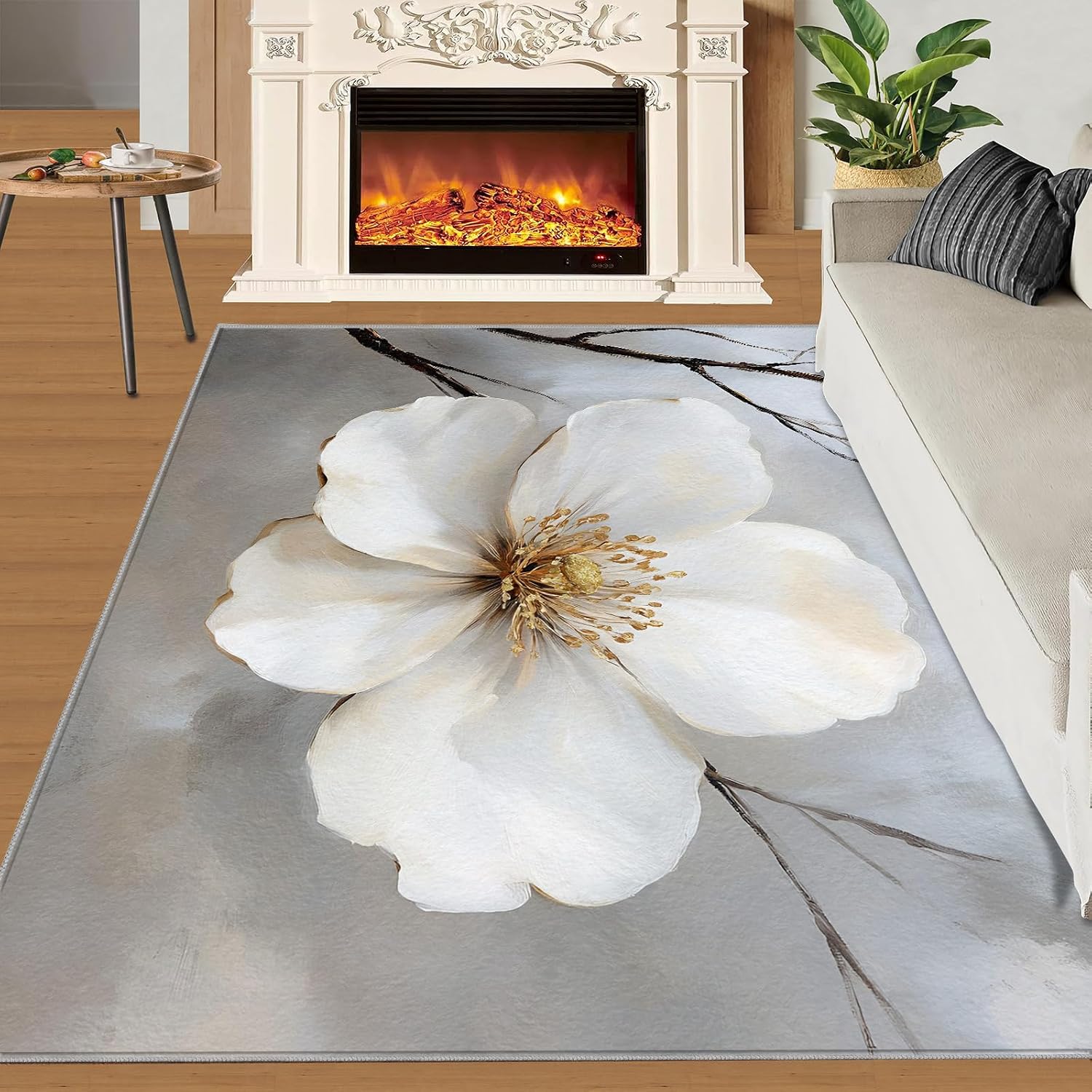 Floral Area Rug Large - 6x8 Rug, White Flower Rugs for Living Room, Modern Area Rugs for Bedroom, Aesthetic Carpet, Washable Carpet, Floral Home Decor & Gifts