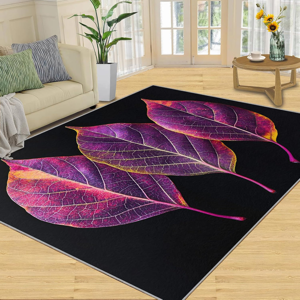 Purple Leaves Rugs for Bedroom - 6x8 Rug, Leaf Area Rugs for Living Room, Botanical Carpet, Plant Washable Mat, Leaf Home Decor & Gifts