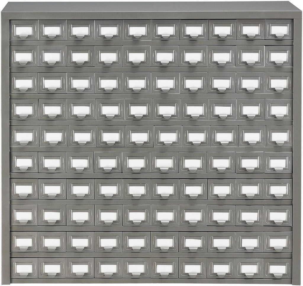 Global Industrial Storage Drawer Cabinet, 100 Drawers with Label Holder, Steel Construction, 36'W x 9'D x 34-1/2'H, Gray Enamel Finish, Small Parts Organizers
