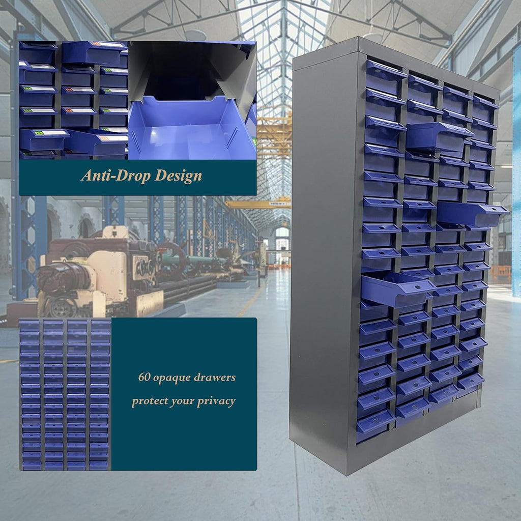 Small Parts Storage Cabinet, 60 Drawers (7.8x3.9x1.9 Inch), Heavy Duty Cold-Rolled Steel + ABS/PS, Hardware Organizer for Nails/Screws/Bolts/Nuts, Anti-Fall